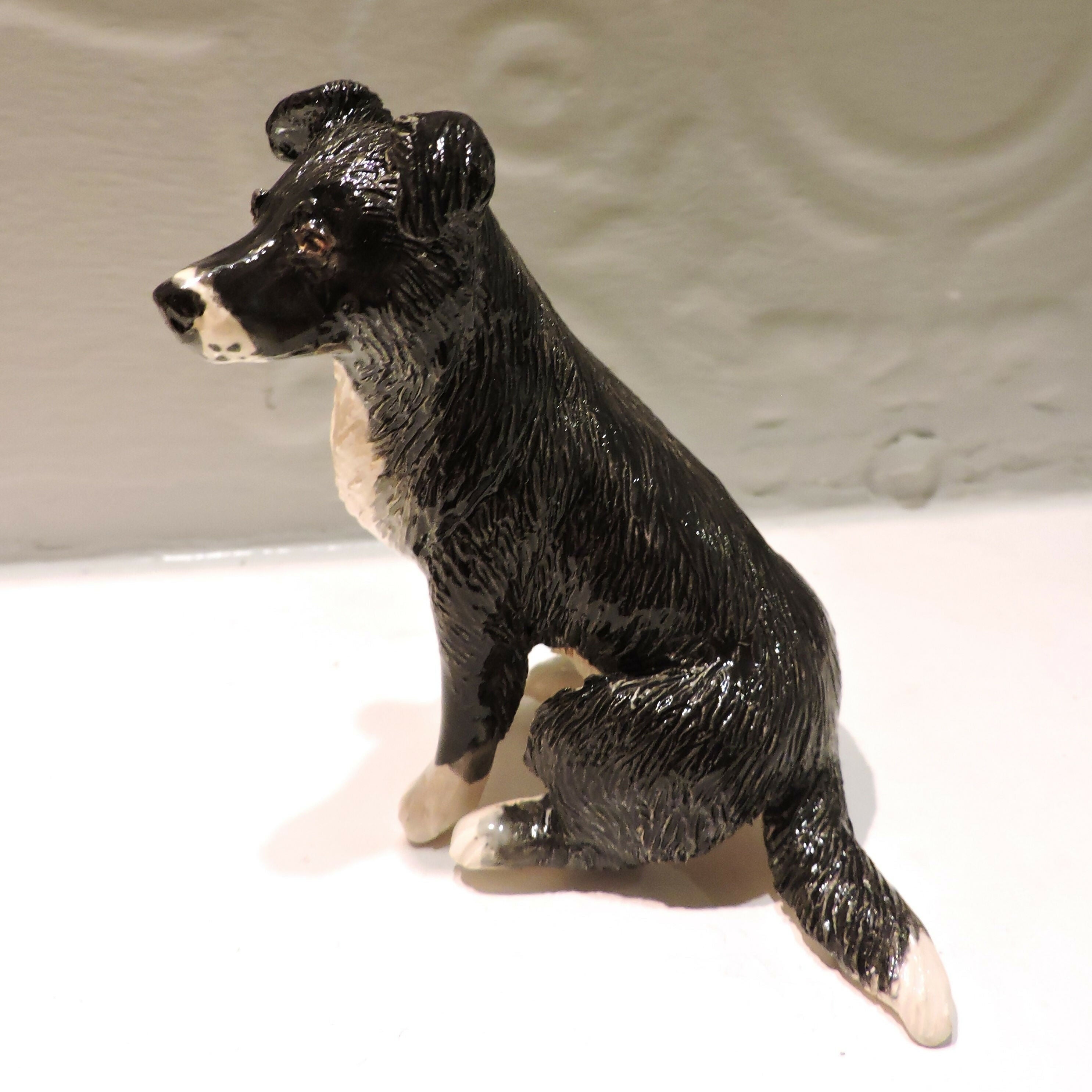 Ceramic Border Collie dog sculpture, Black and white