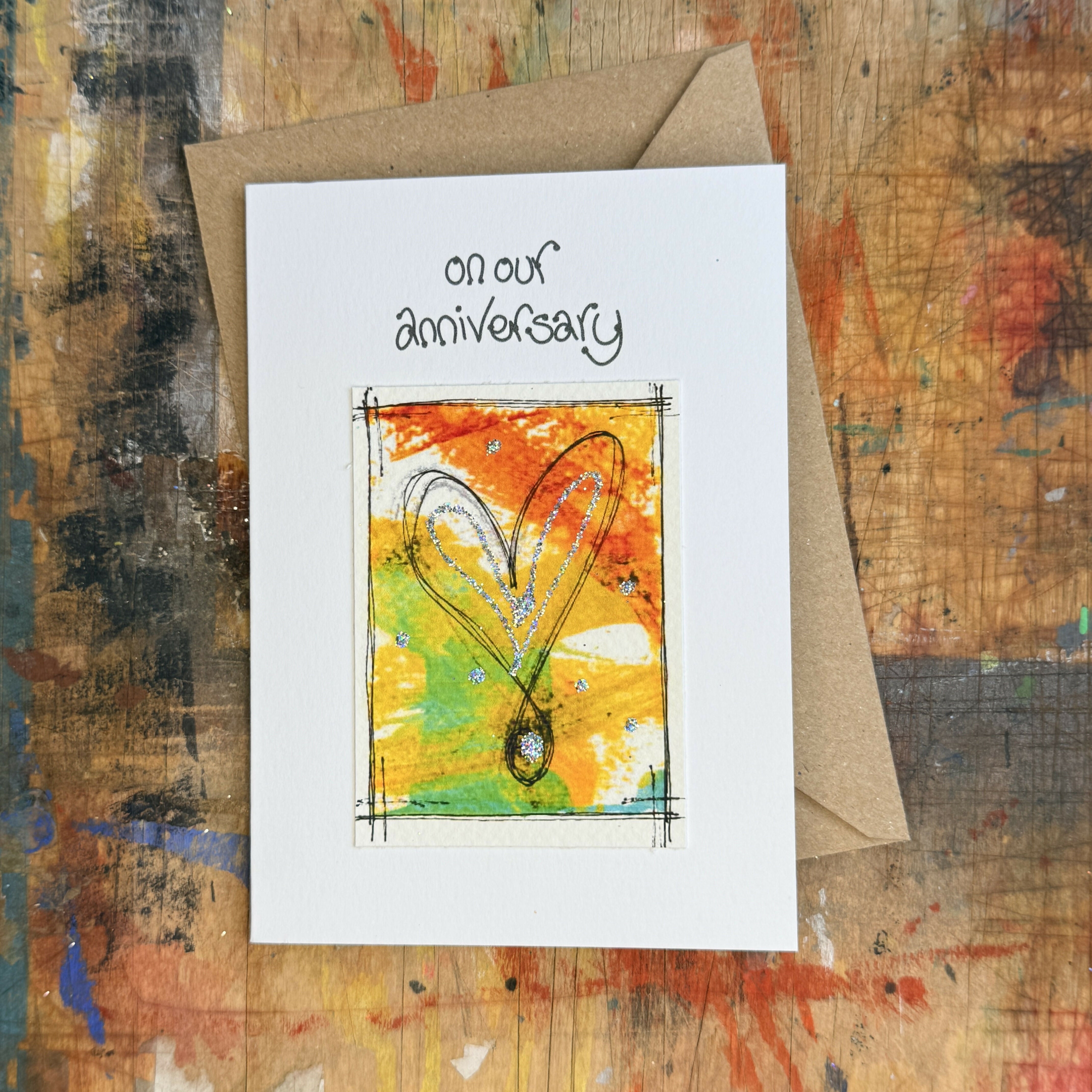 Abstract Sparkle Heart On Our Anniversary Card in Yellow