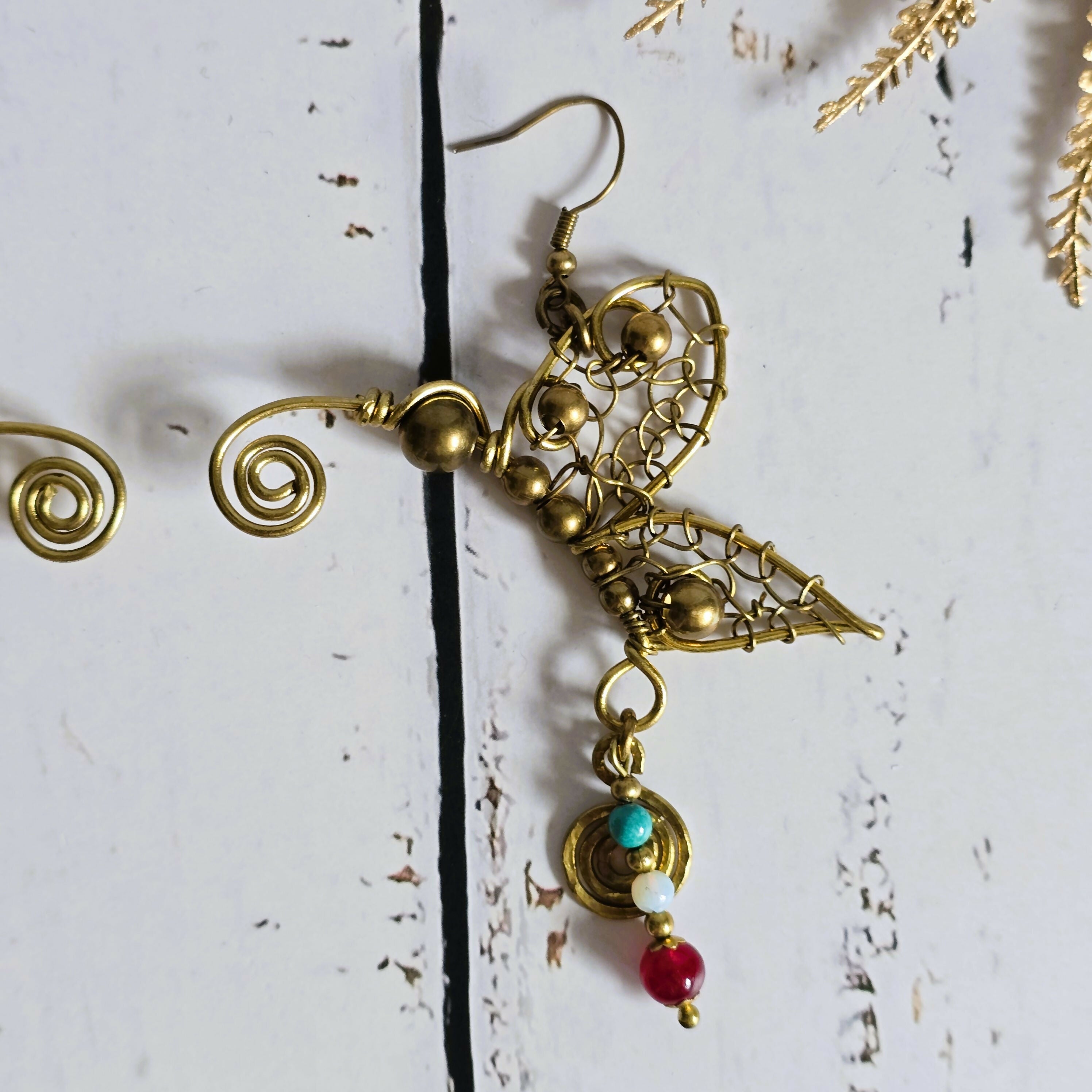 Handmade Butterfly Earrings; Intricate Wire Art With Turquoise, Moonstone & Rubellite Crystals
