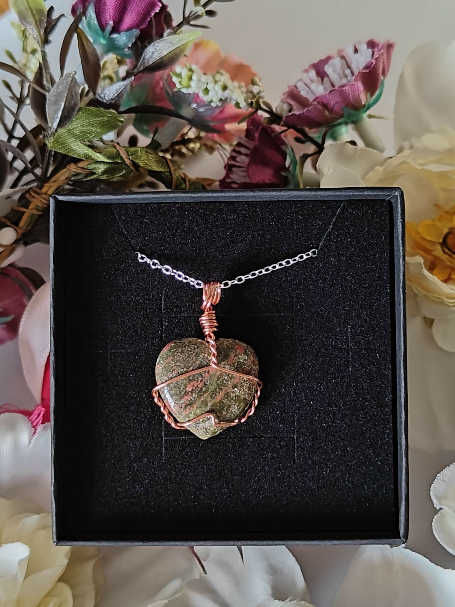 Unakite Wire Wrapped Crystal Heart Necklace on Sterling Silver Chain