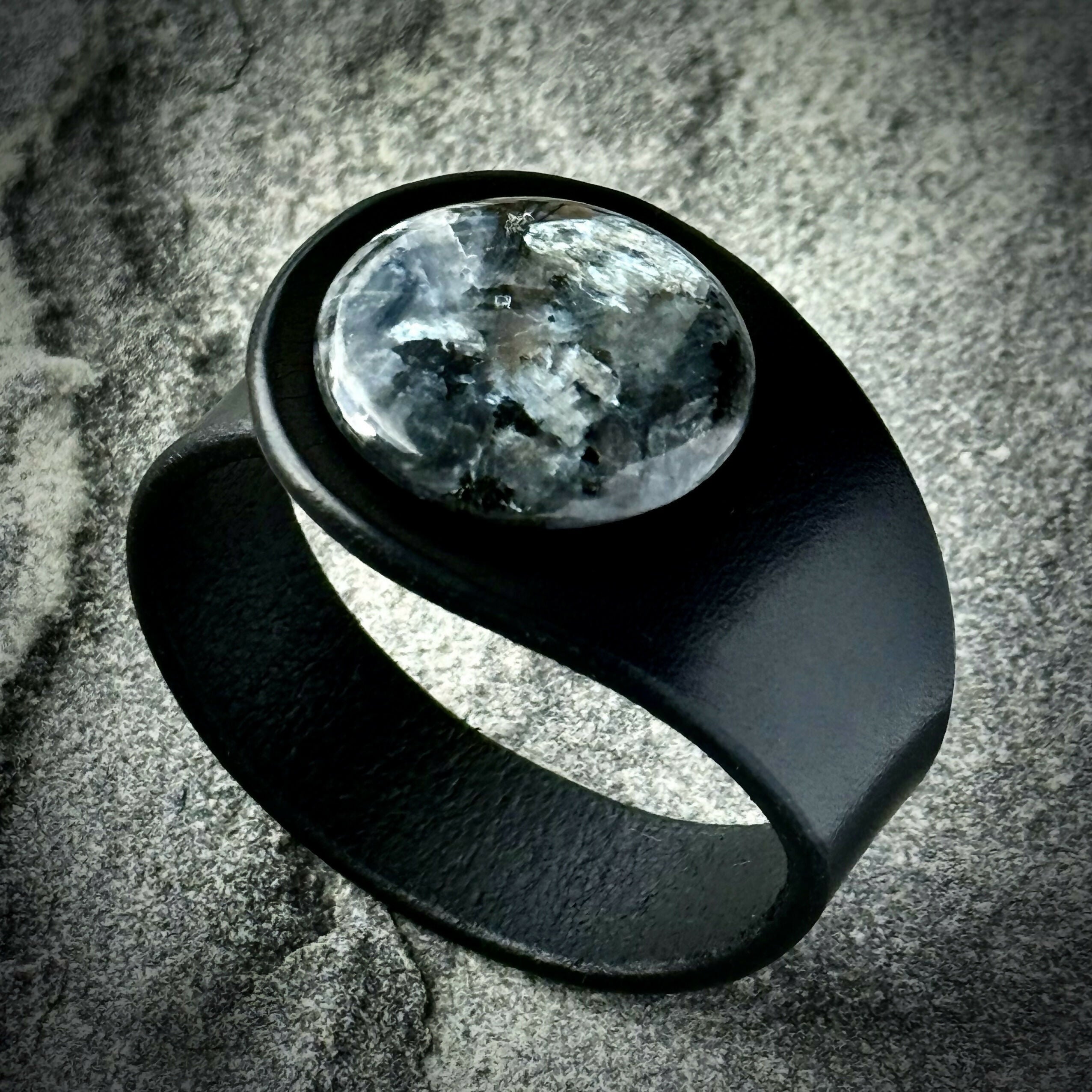 Handcrafted Natural Leather & Larvikite Gemstone Bracelet - Size S or M