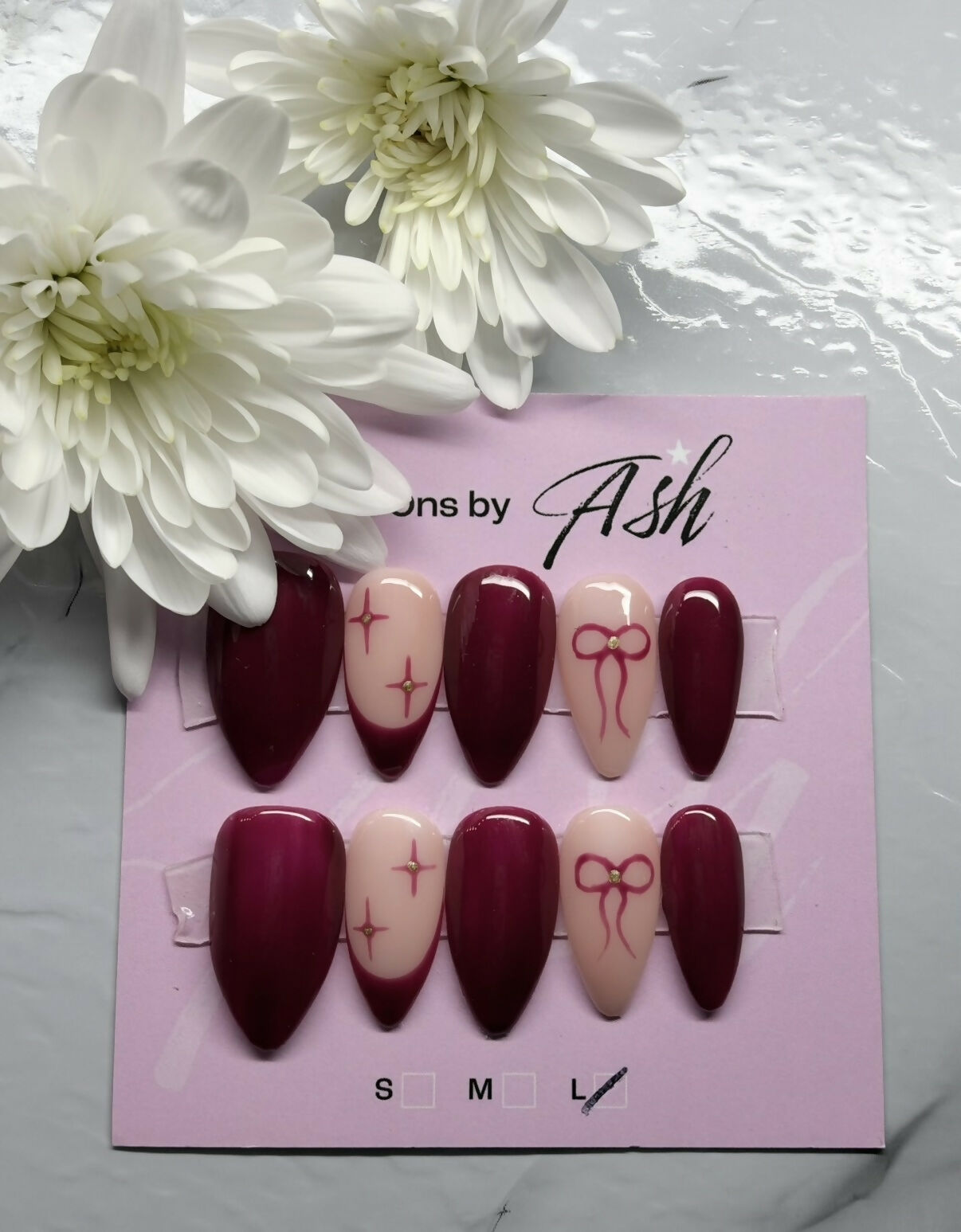 Reusable Burgundy French Tip With Bows And Stars Handmade Press On Nails