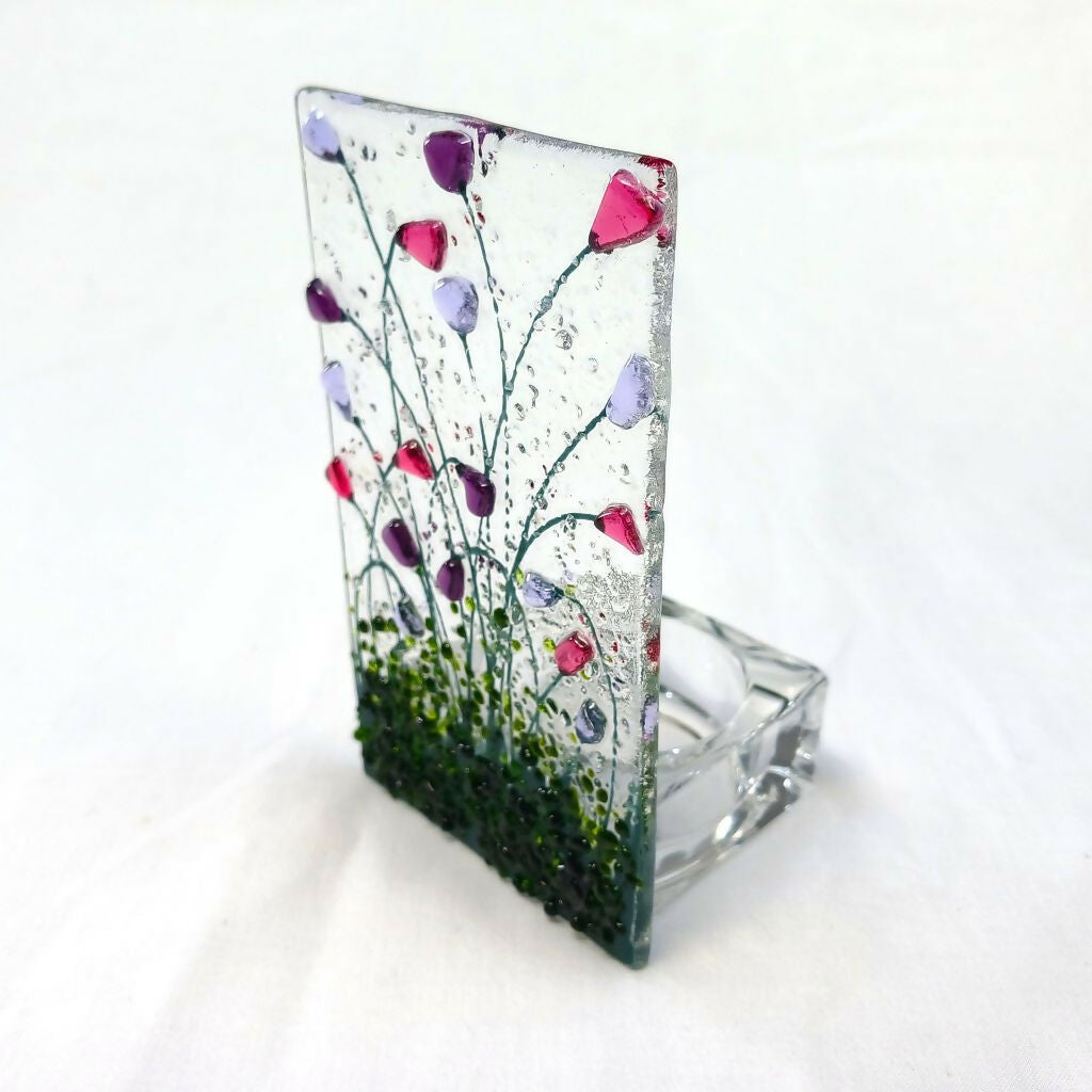 Handmade Fused Glass Tealight Holder With Pink & Purple Flowers