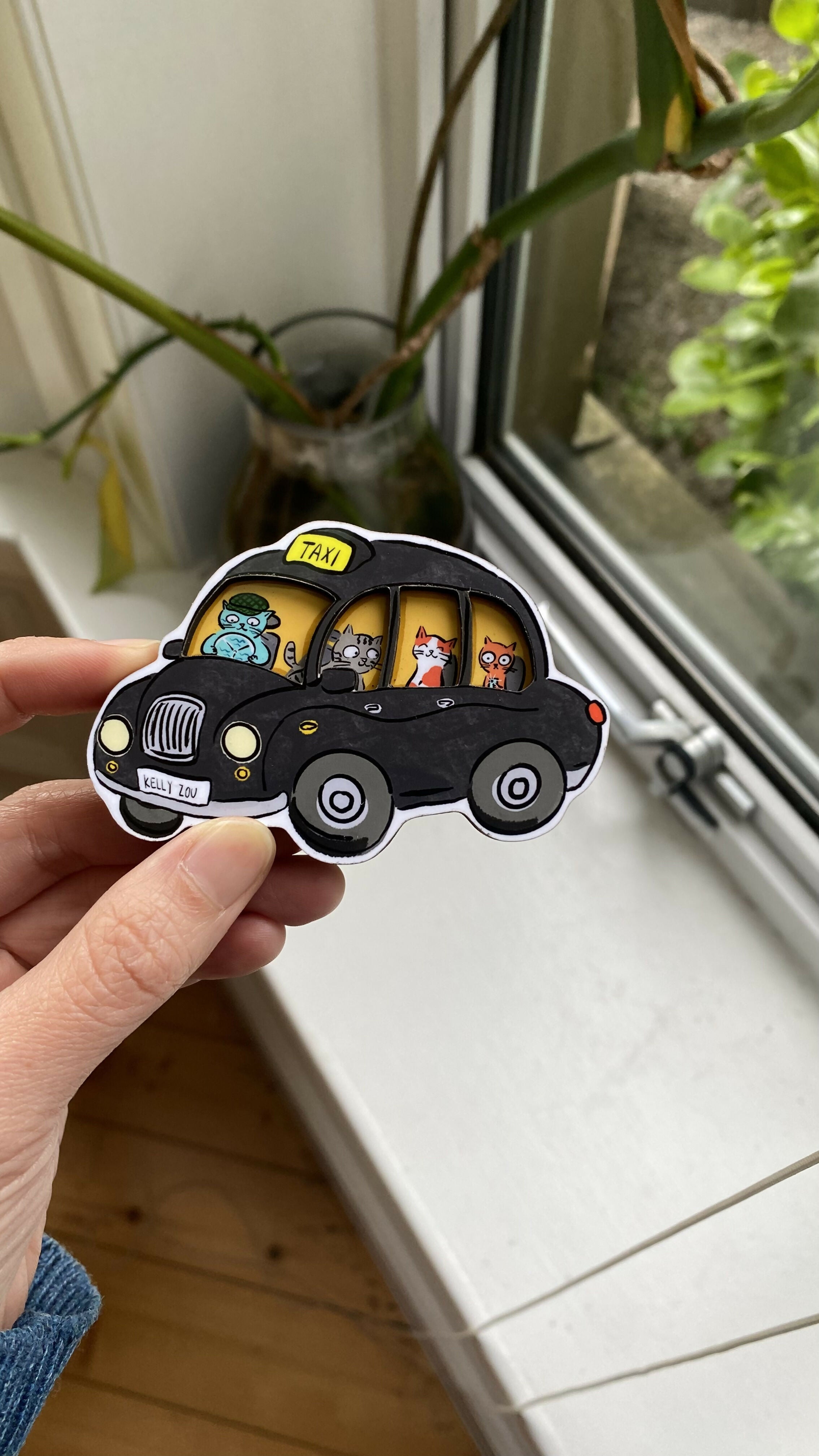 Double Layered Wooden Magnet - Cats in British Taxi