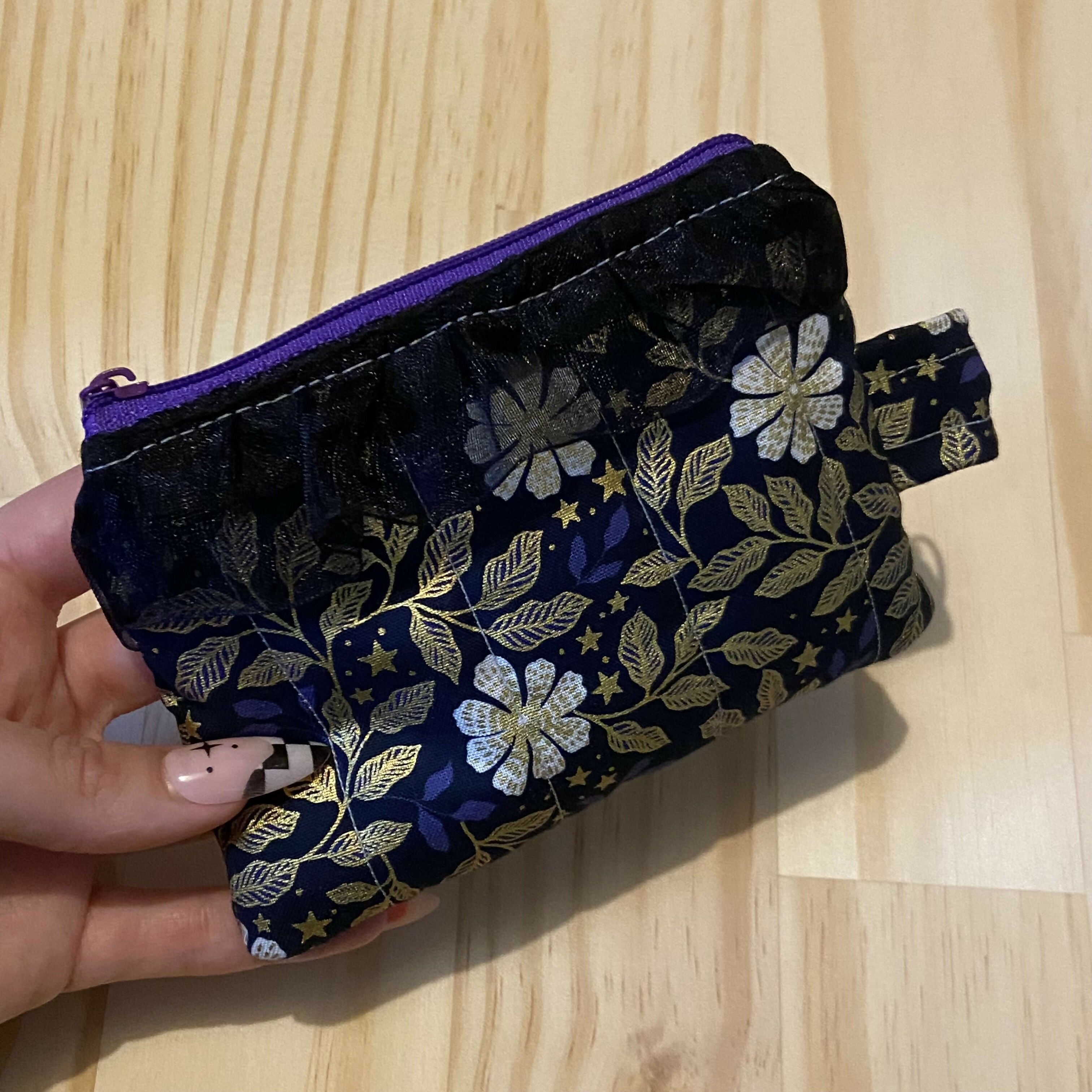 Black and Gold Floral Ruffle Mini Zipper Pouch