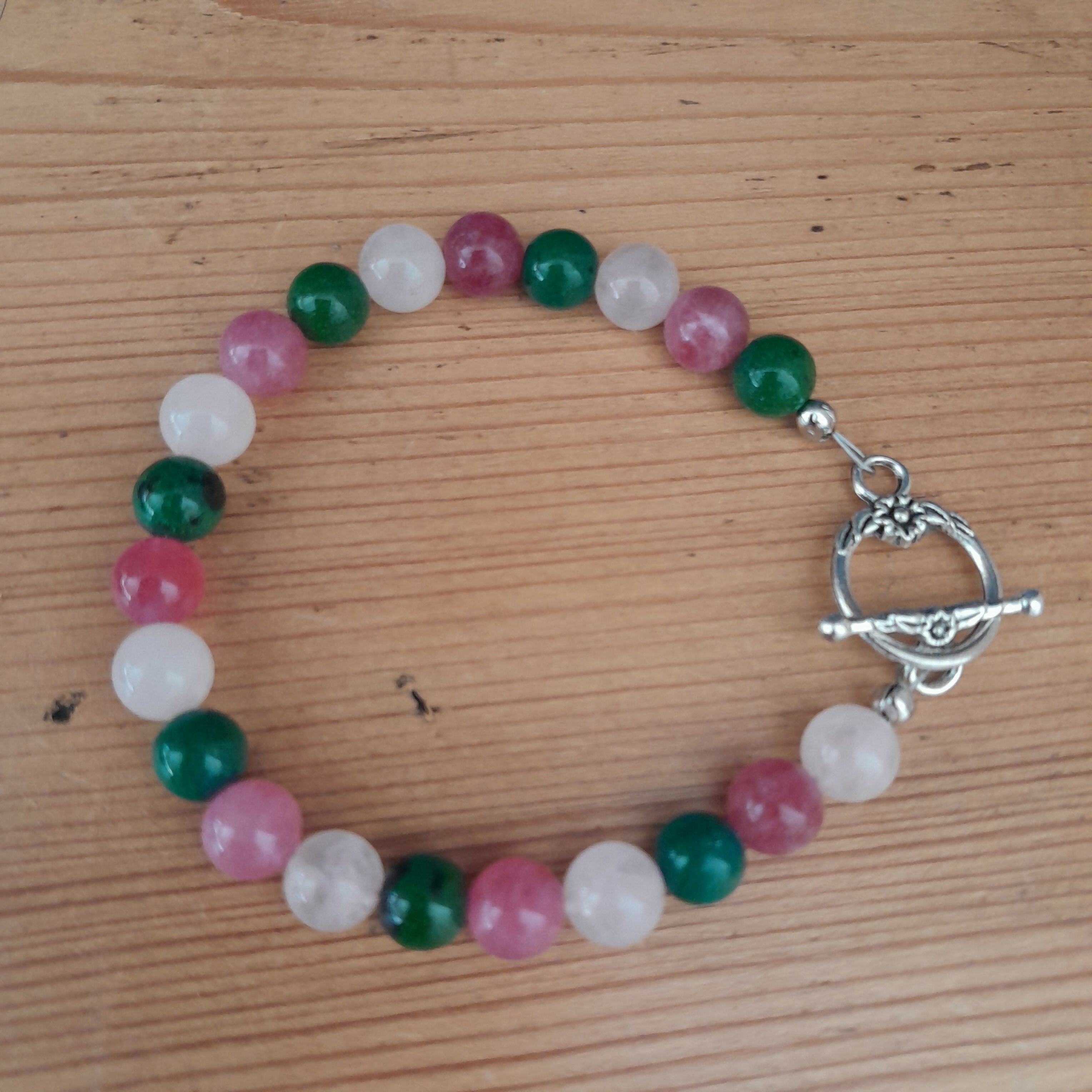 Tibetan Silver Toggle Bracelet with Green Chalcedony, Strawberry Quartz and Rose Quartz.