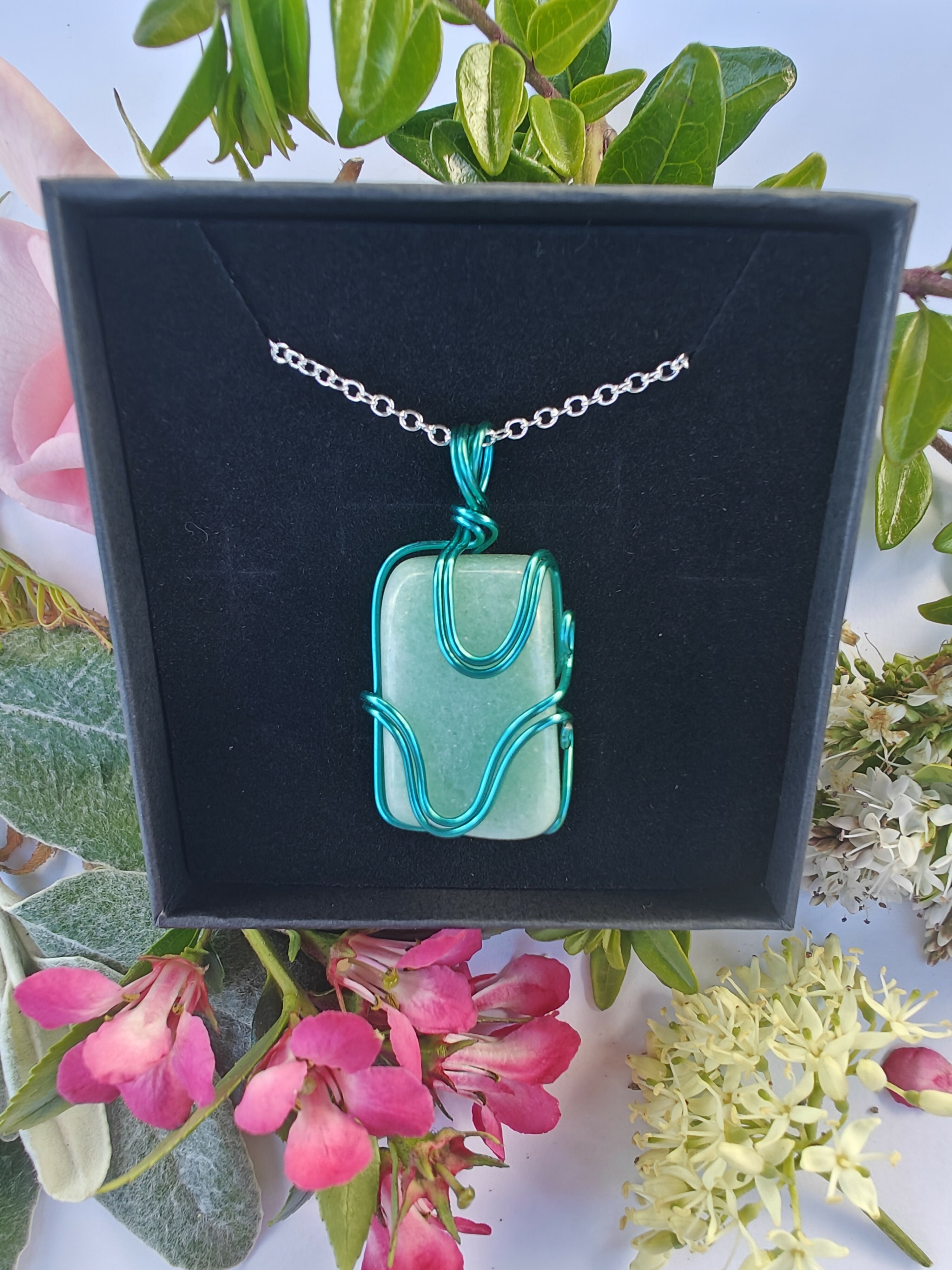 Green Aventurine Wire Wrapped Crystal Necklace on Sterling Silver Chain