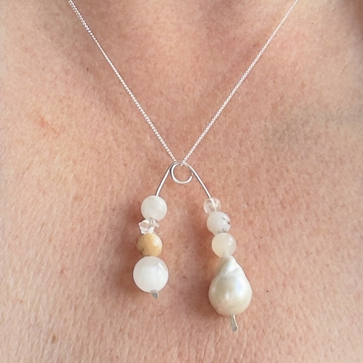 HEALING CRYSTAL & STERLING SILVER CROWN CHAKRA PENDANT WITH BAROQUE PEARL AND 18” CHAIN