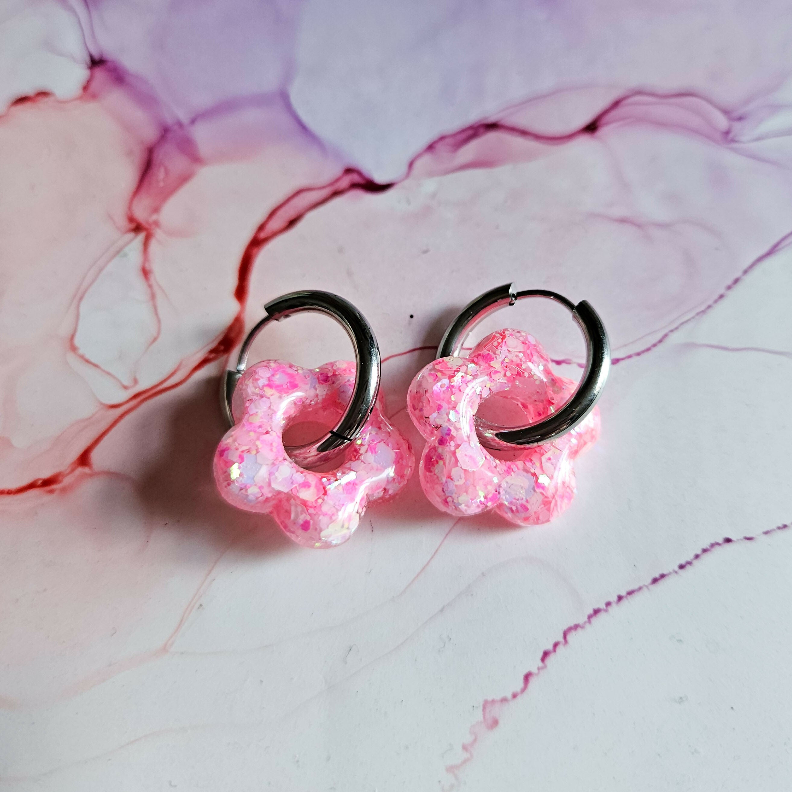 Handmade Glitter Pink Resin Flower Charms On Chunky Hoops