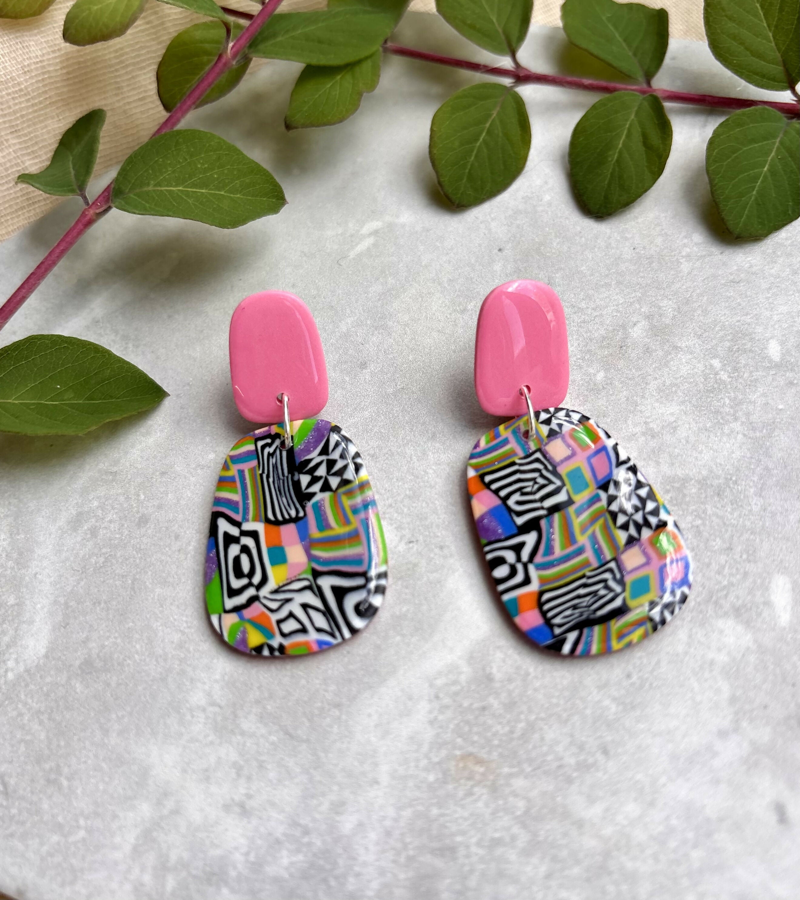 Funky Pattern Collection - Pink Dangle Polymer Clay Earrings