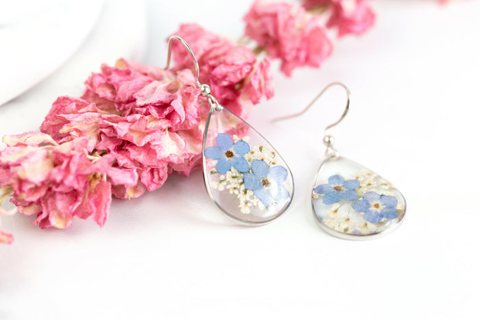 Forget Me Not and White Queen Anne’s Lace Teardrop Earrings Sterling Silver