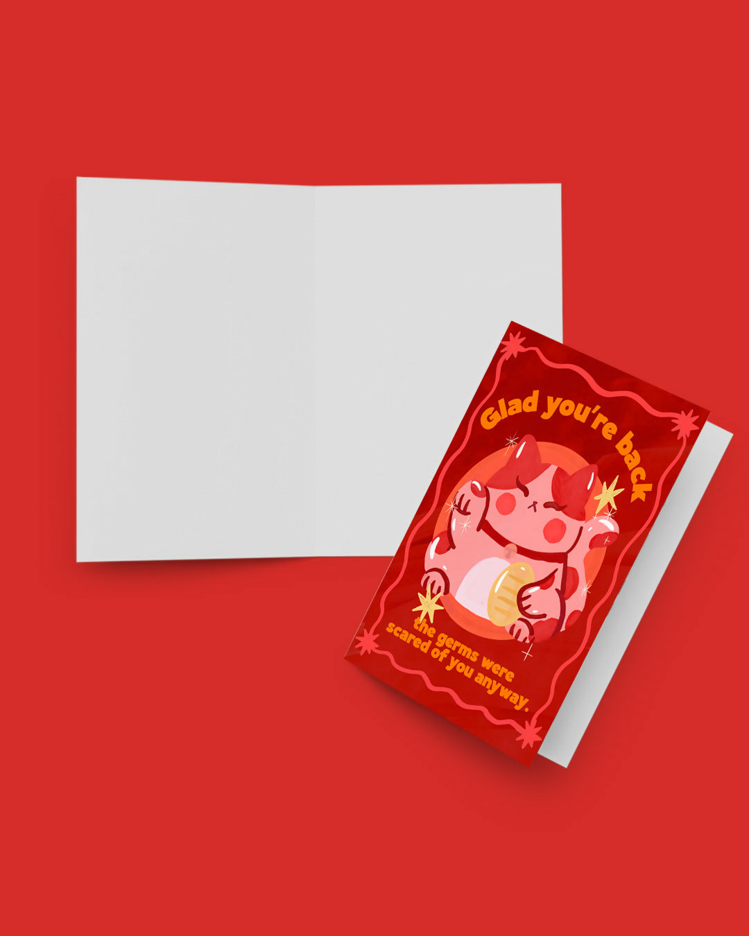 Red Lucky Cat "Glad you’re back, the germs were scared of you anyway ” Greetings Card