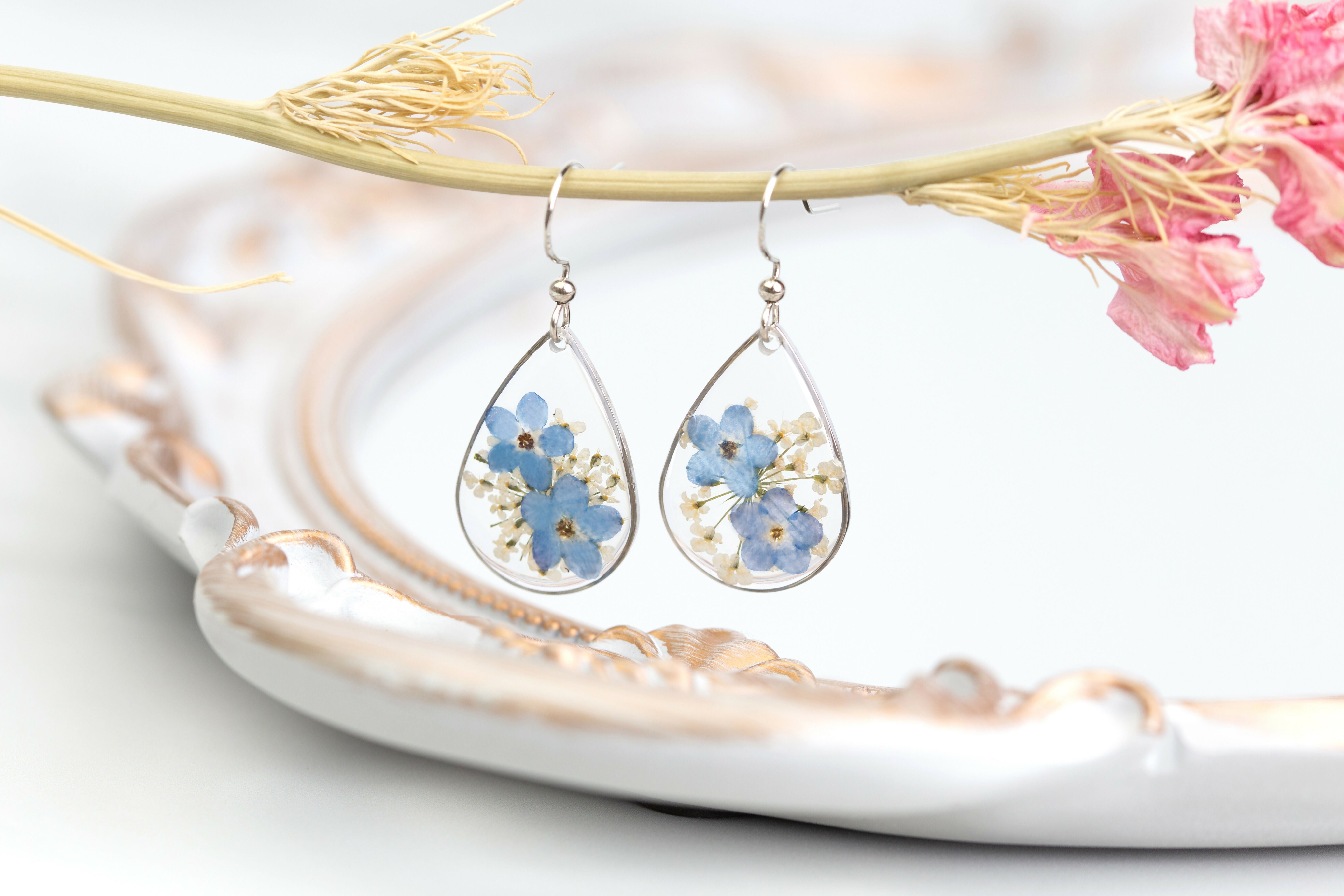 Forget Me Not and White Queen Anne’s Lace Teardrop Earrings Sterling Silver