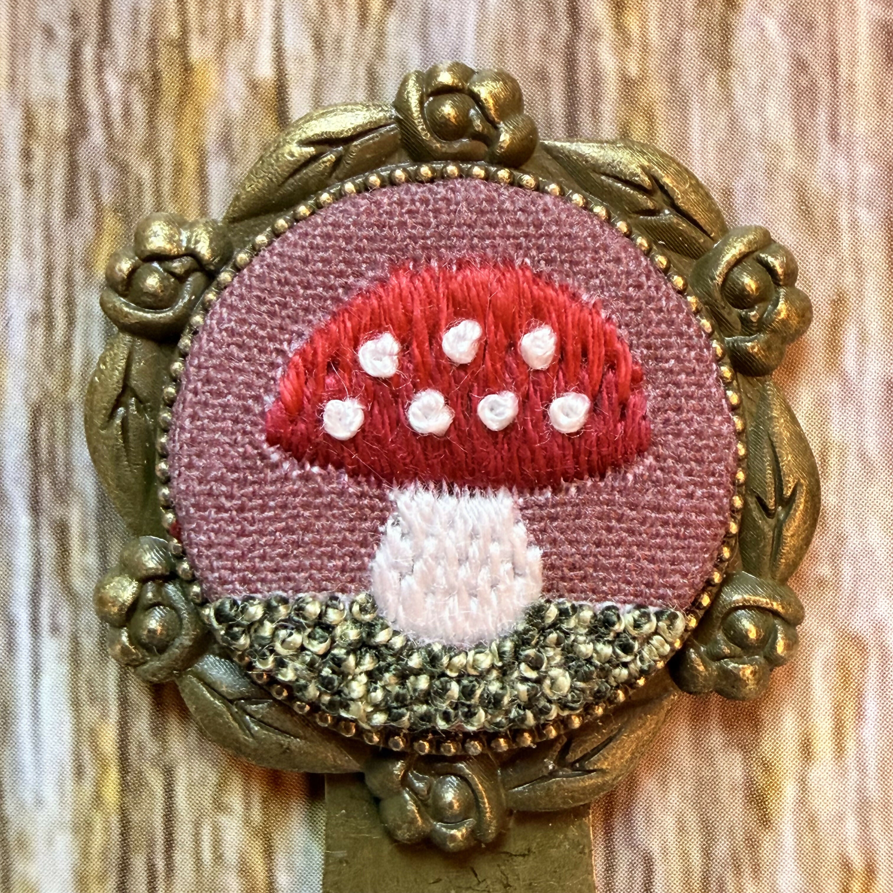 Bronze Hand Embroidered Vintage Style Mushroom Bookmark