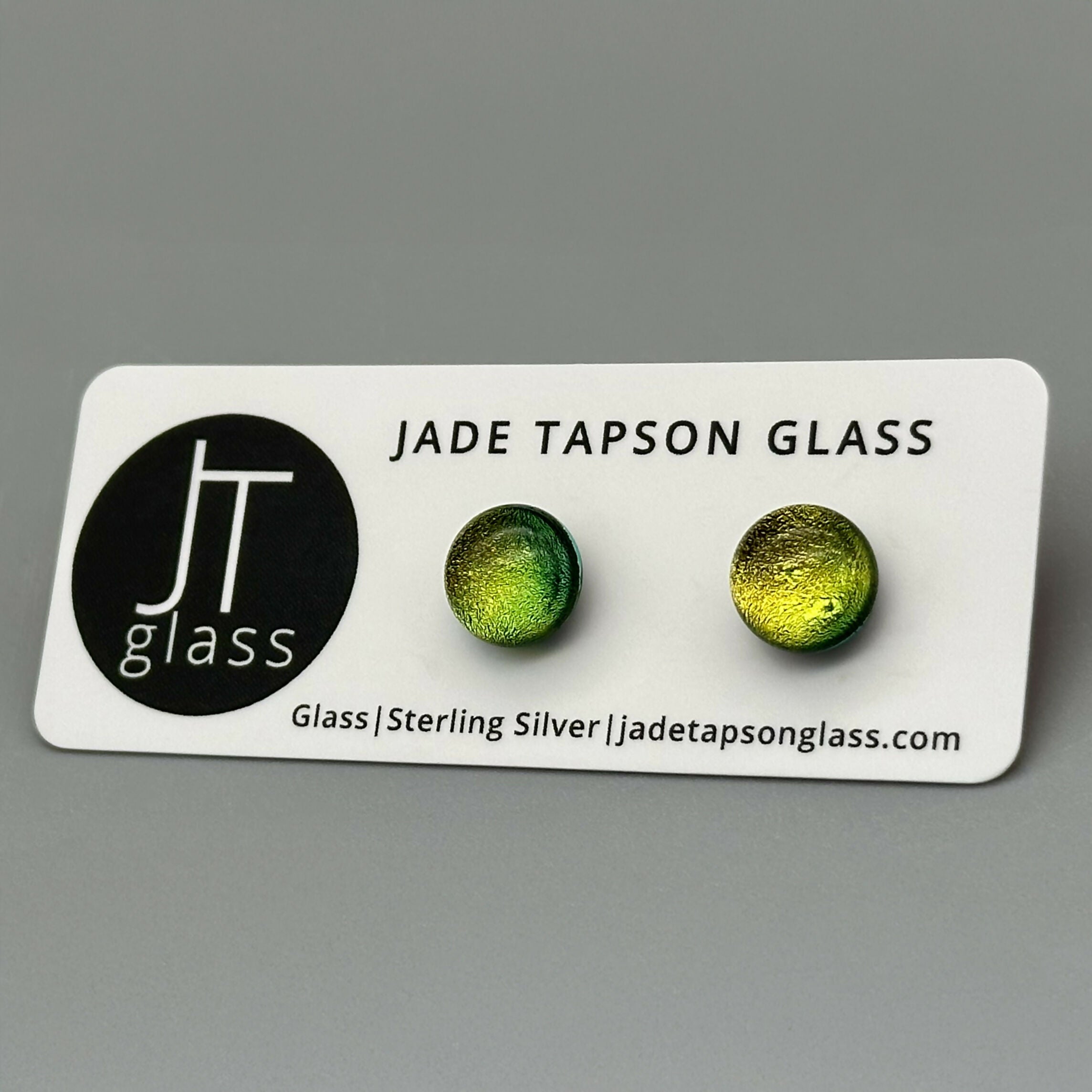 Yellow & Green Dichroic Fused Glass Sterling Silver Stud Earrings - Handmade by Jade Tapson Glass.