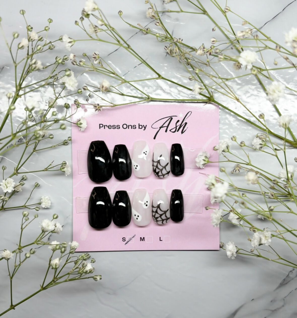Reusable Black Web And Ghost Handmade Press On Nails