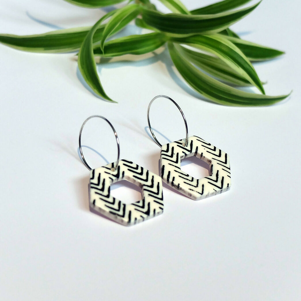 Geometric Black and White Hoop Earrings - Handmade Polymer Clay - Polly Plant