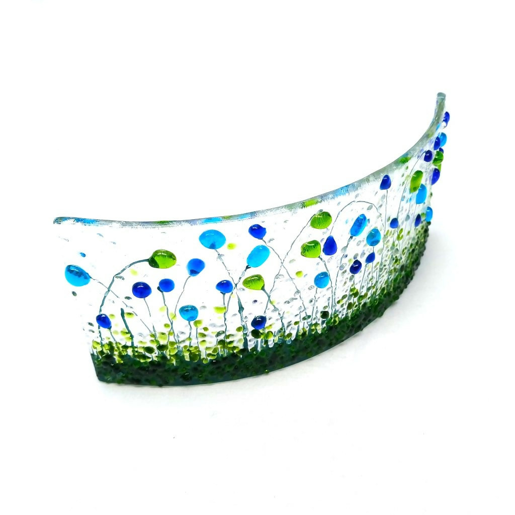 Small Fused Glass Curve With Flower Meadow Design (Blue & Green)
