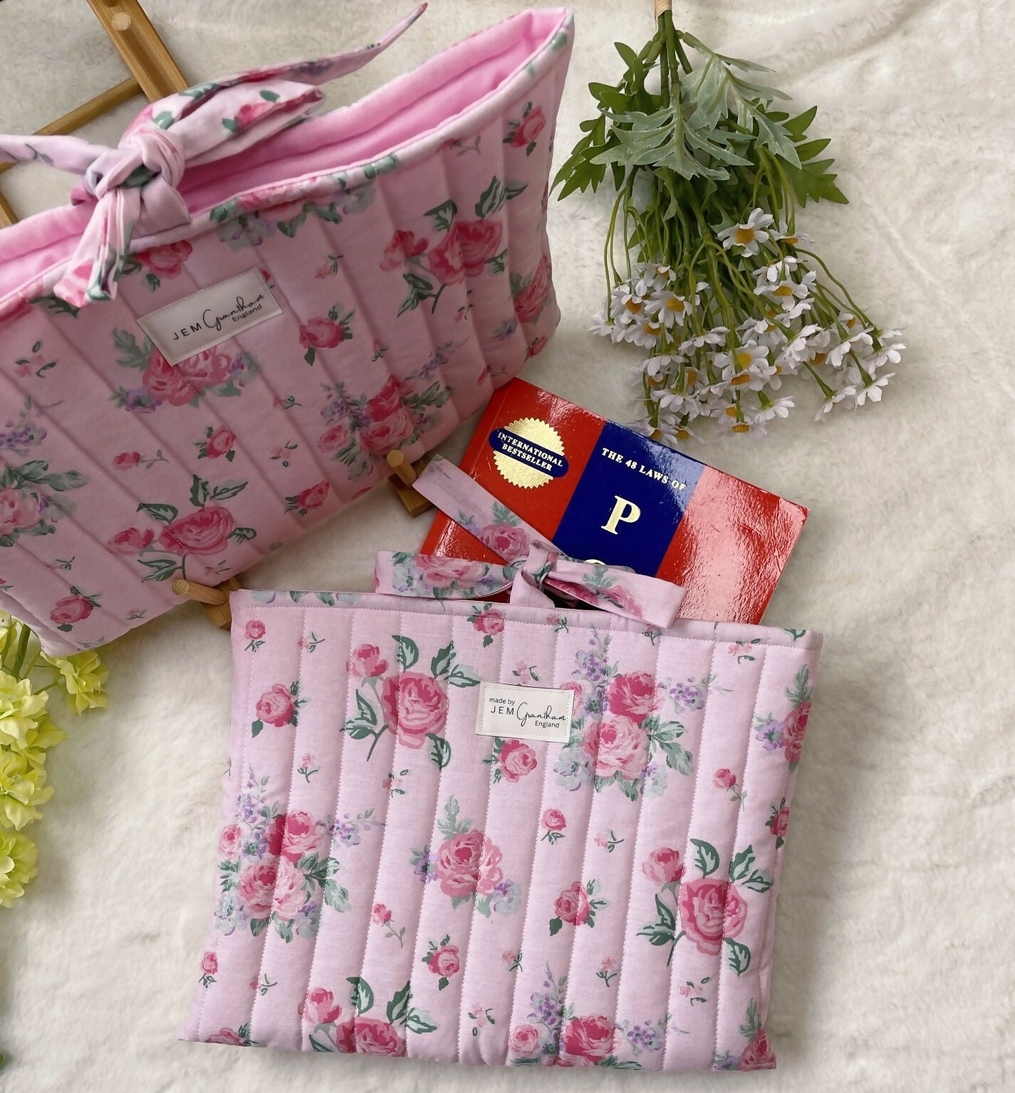 Handmade Book Sleeve with ribbon Closure Pink Vintage Roses