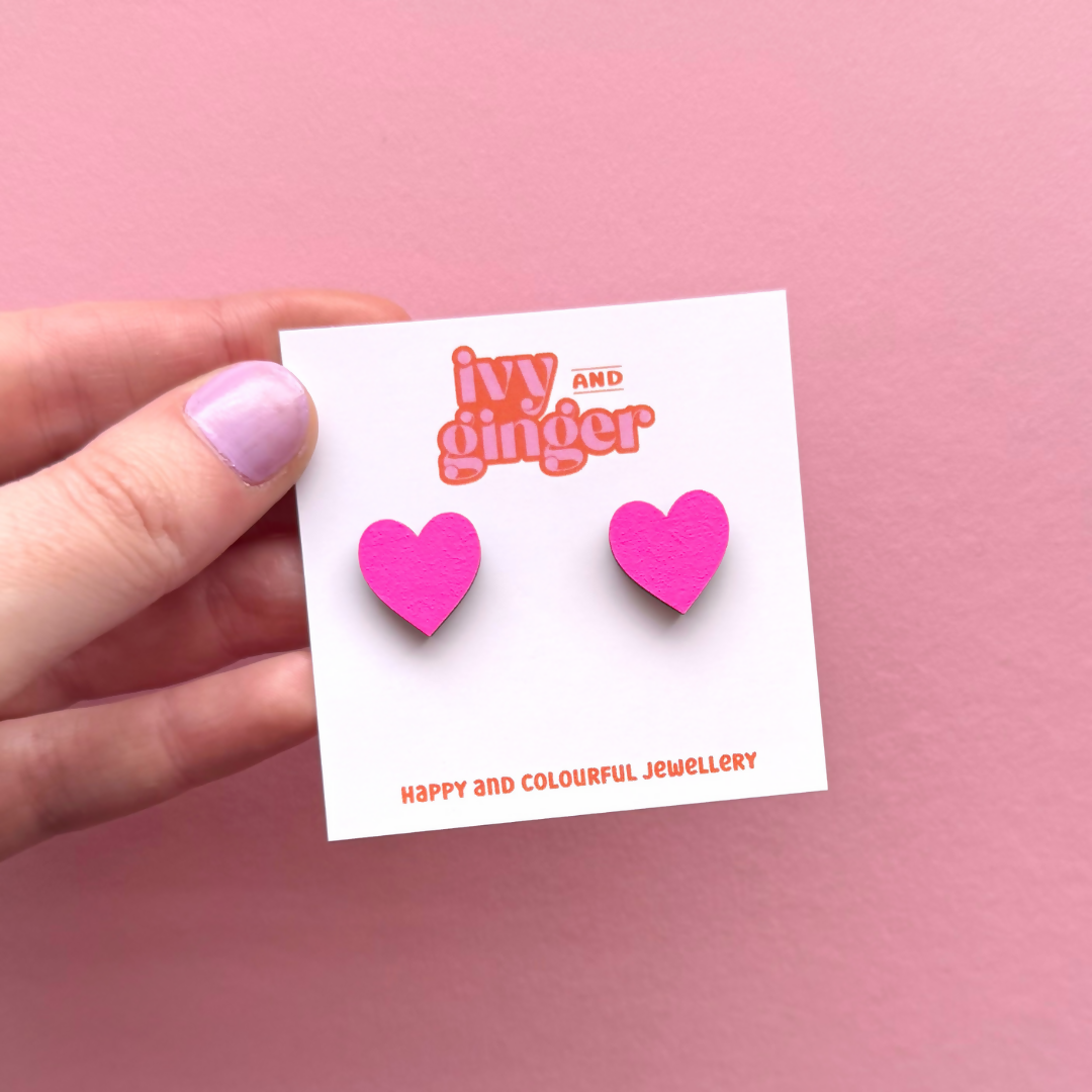 Hand Painted Midi Neon Pink Heart Stud Earrings