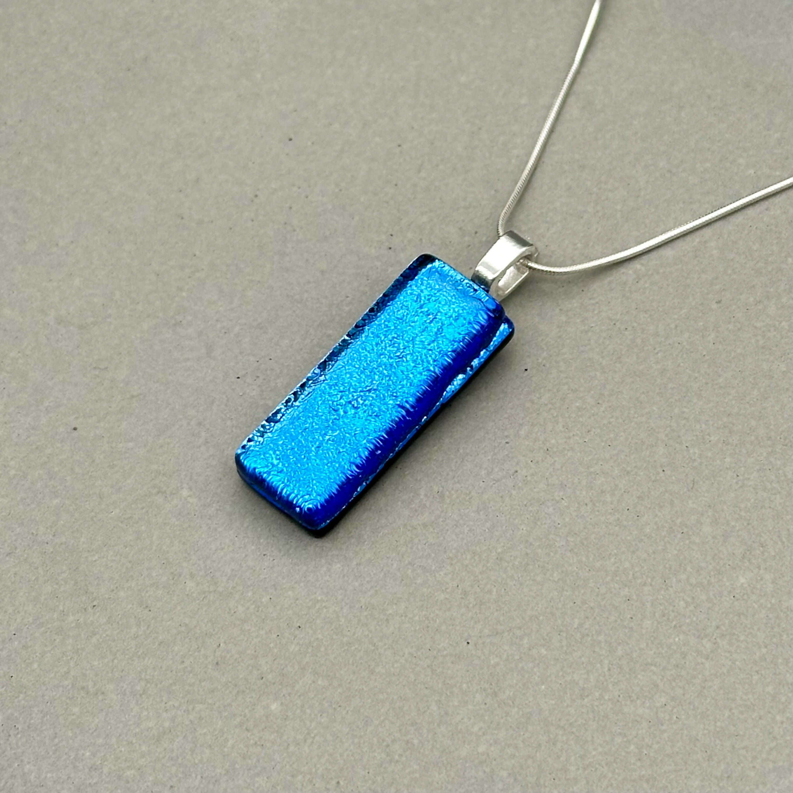 Light Blue Dichroic Fused Glass Pendant with Silver Plated Chain - Handmade by Jade Tapson Glass.