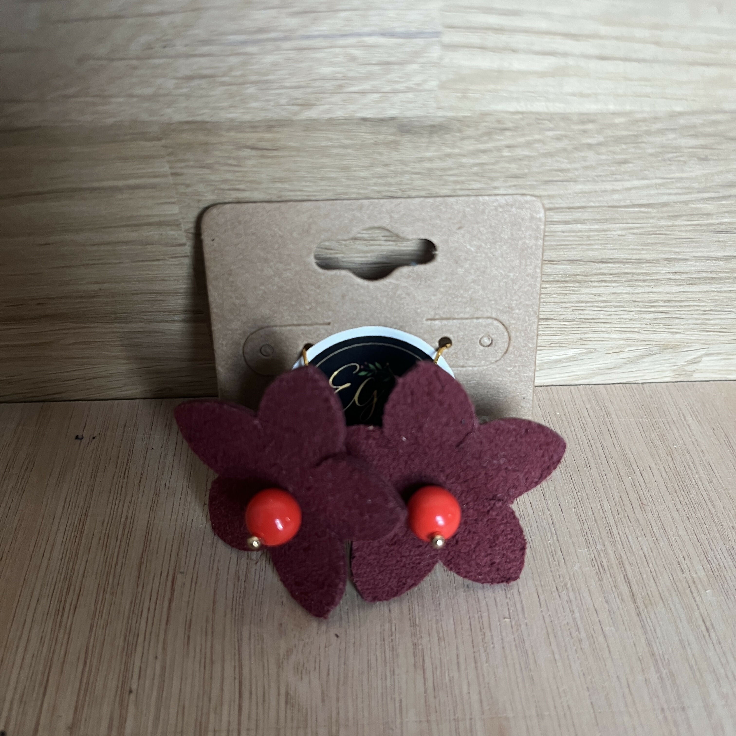 Forest Whisper – Burgundy Leather Flower Earrings with Orange Stone