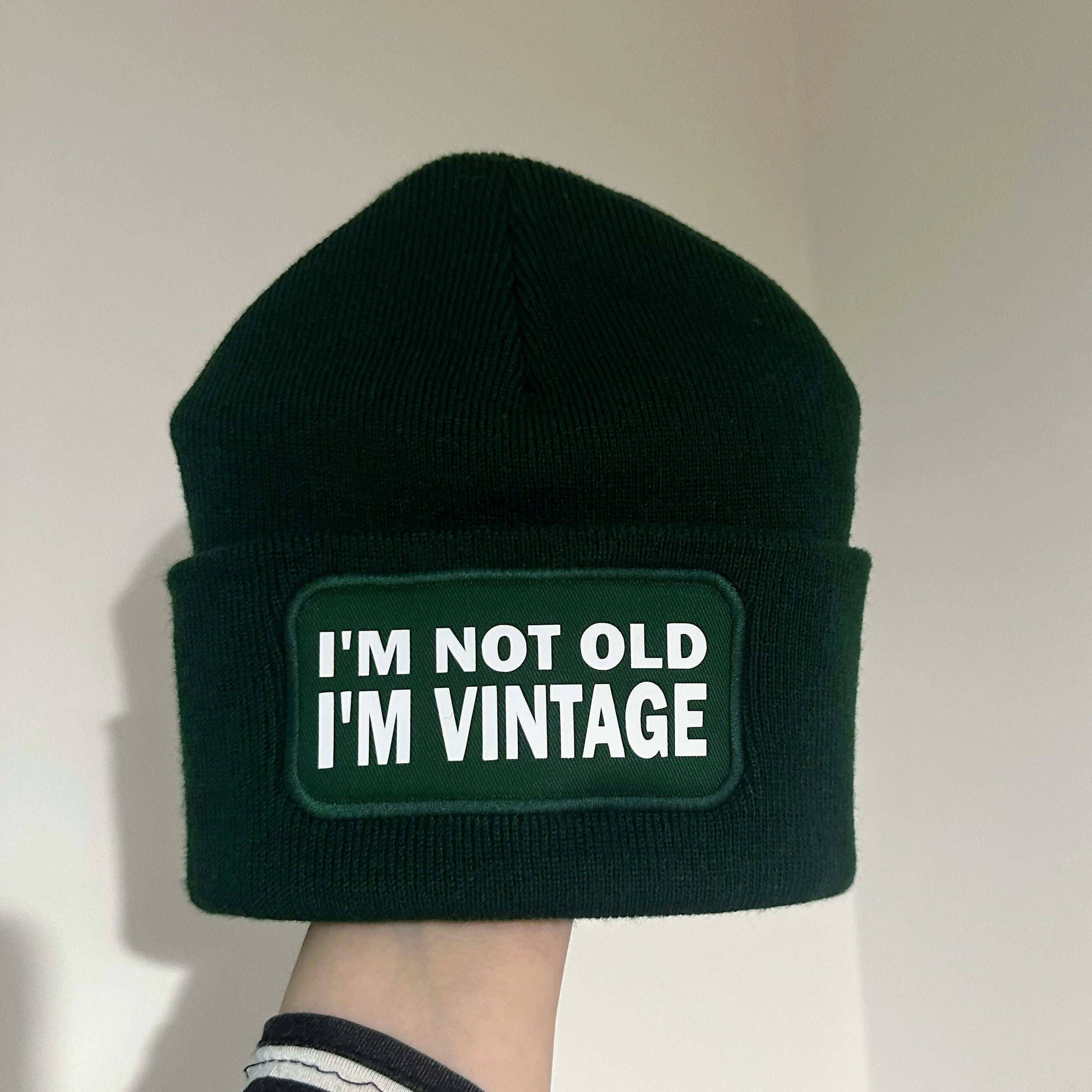 Not Old Vintage Cuffed Rectangular Patch Beanie Hat