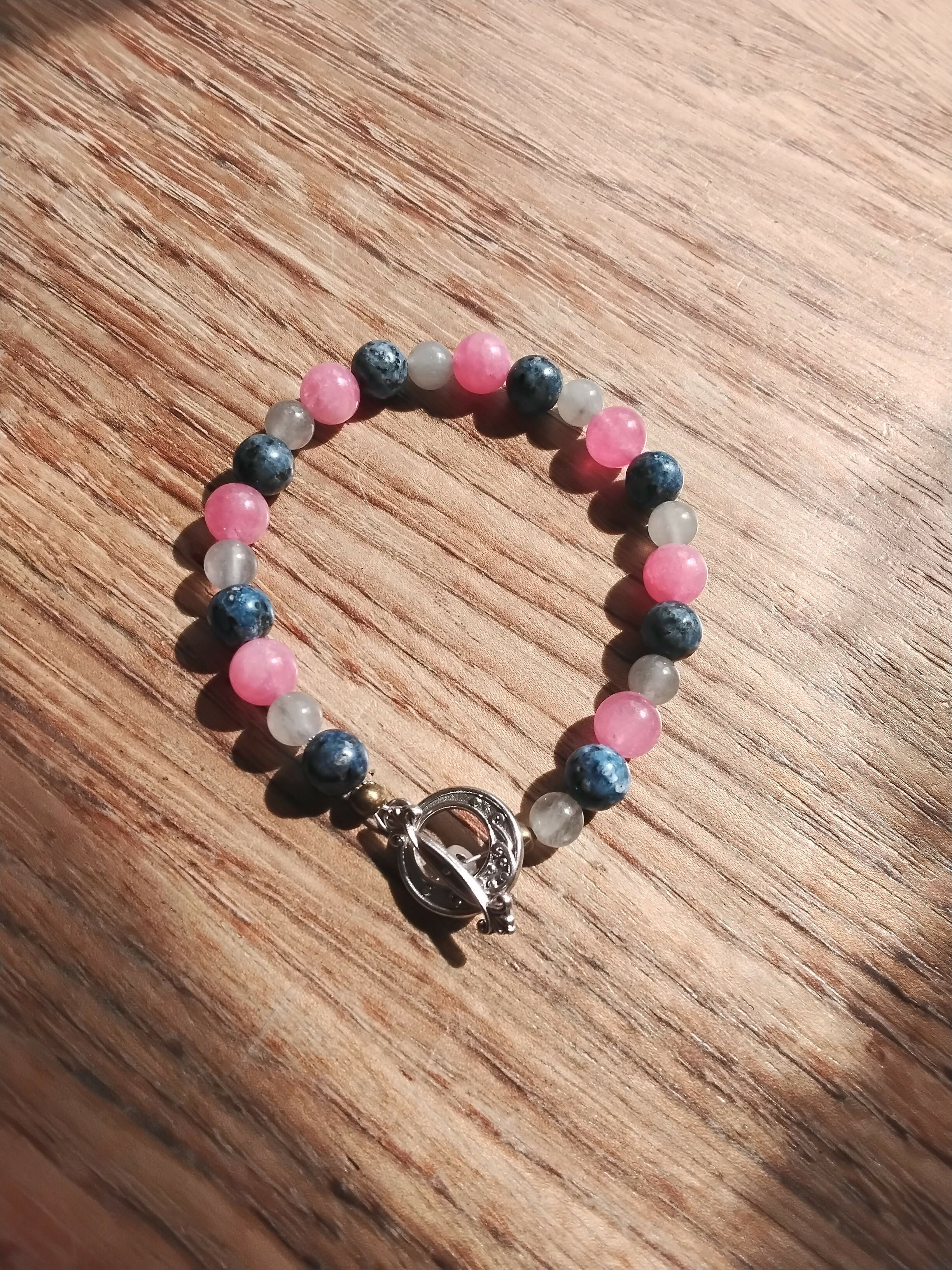 Tibetan Silver Toggle Catch Bracelet with Blue Spot Jasper, Banded Grey Agate & Strawberry Quartz.