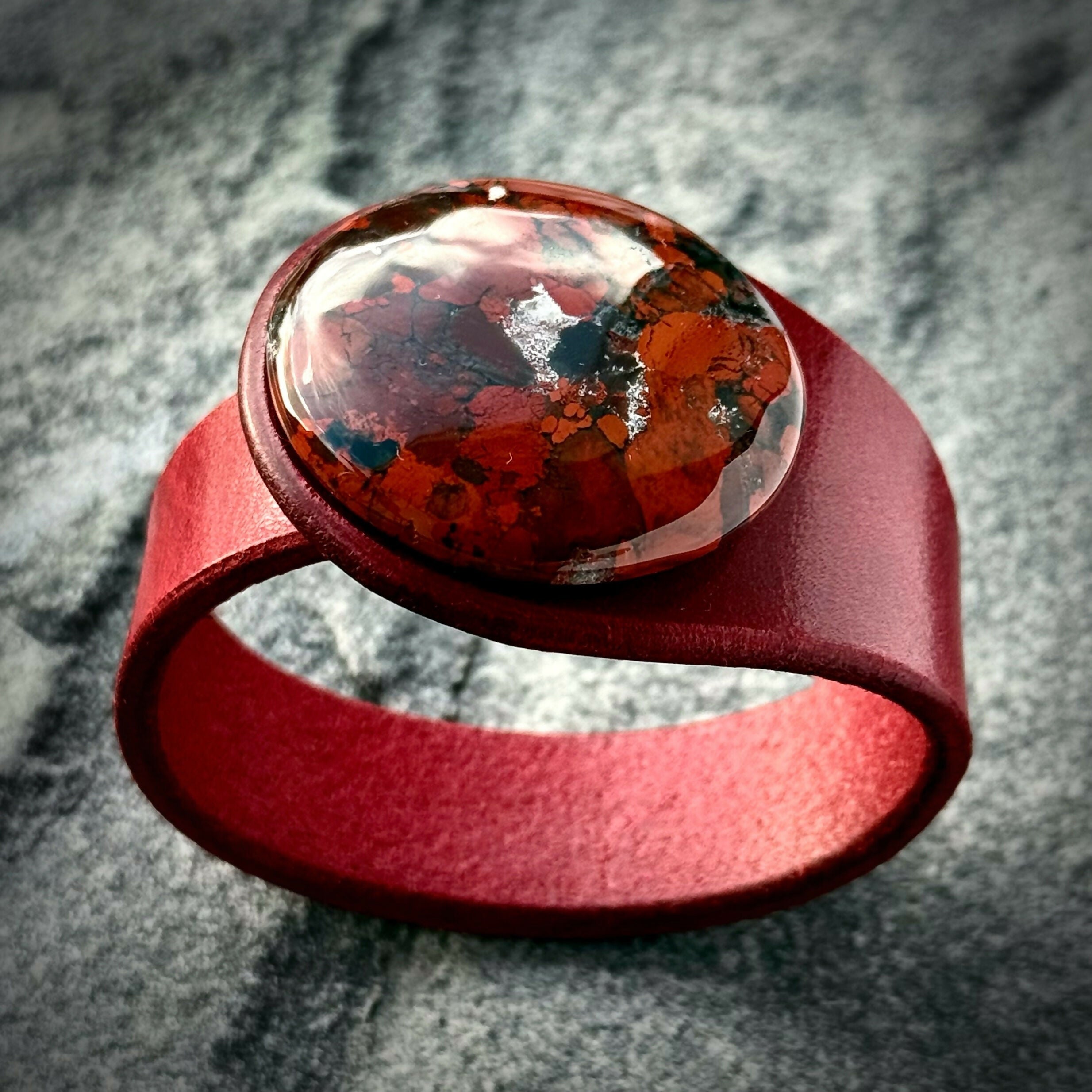 Handcrafted Natural Leather & Red Brecciated Jasper Gemstone Bracelet - Size S or M