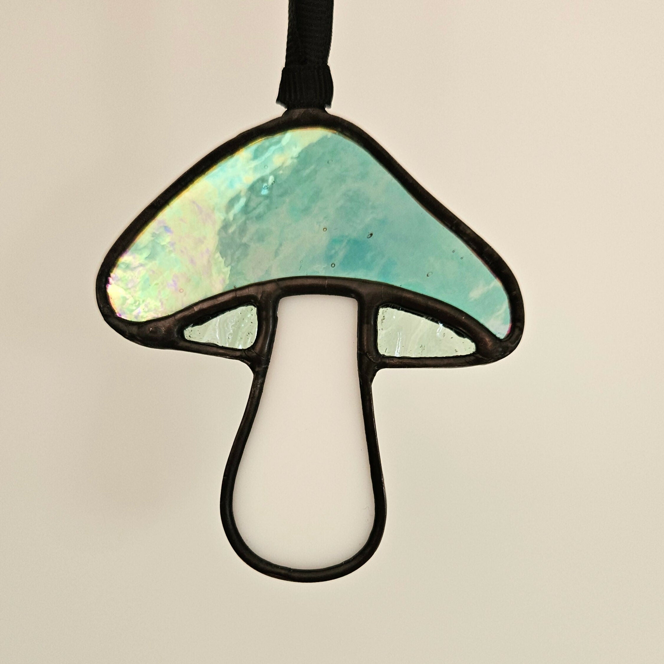 Iridescent Teal Green Mushroom Stained Glass Suncatcher