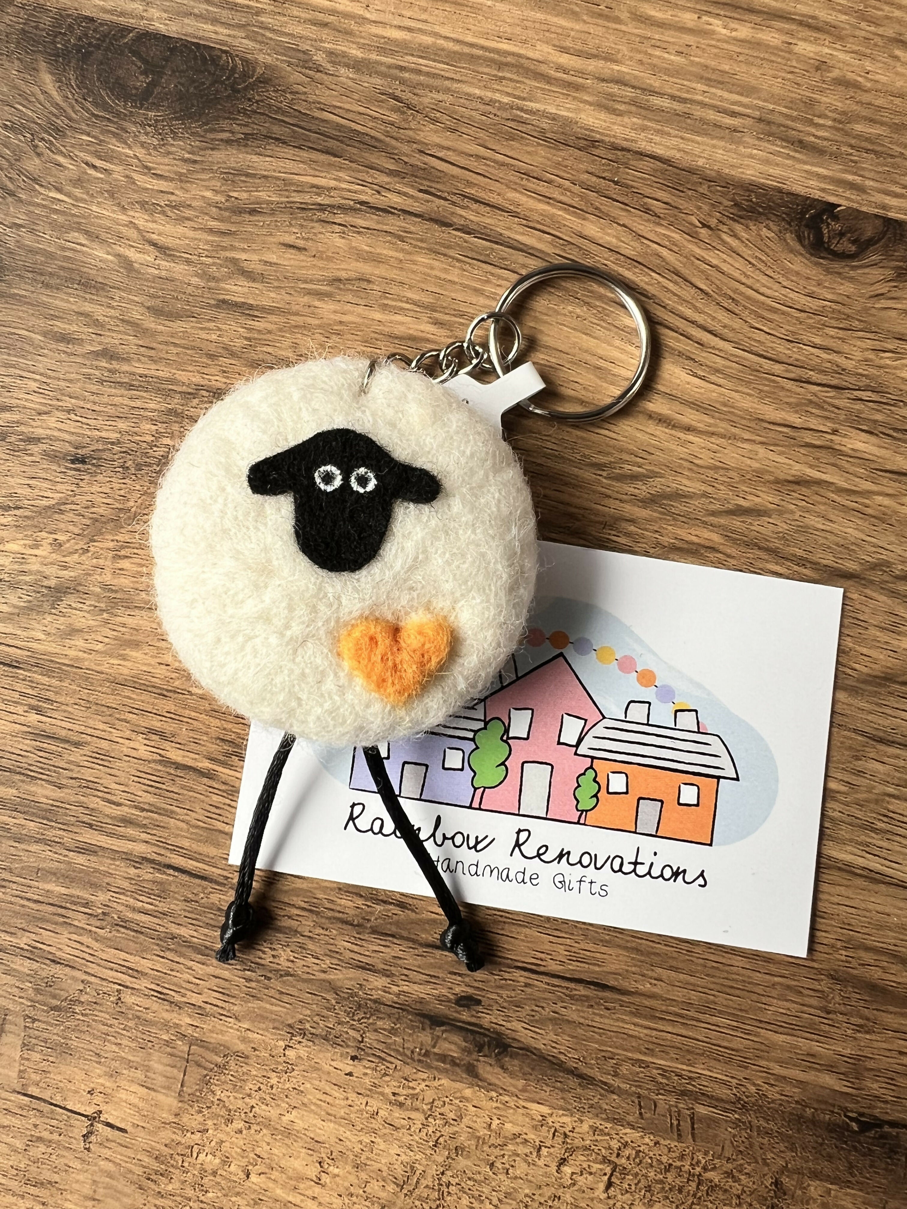 Felted Sheep with Heart Keyring