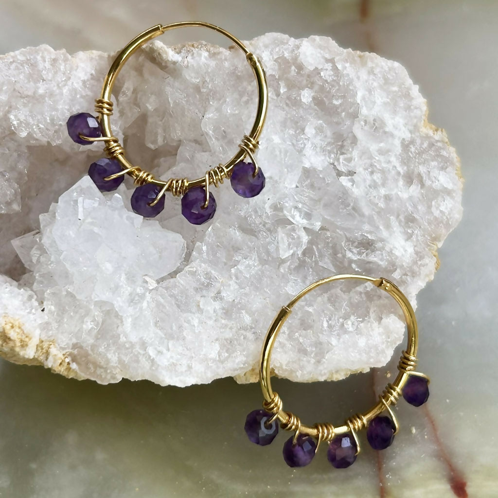 Handmade Gold Vermeil Amethyst Beaded Hoop Earrings