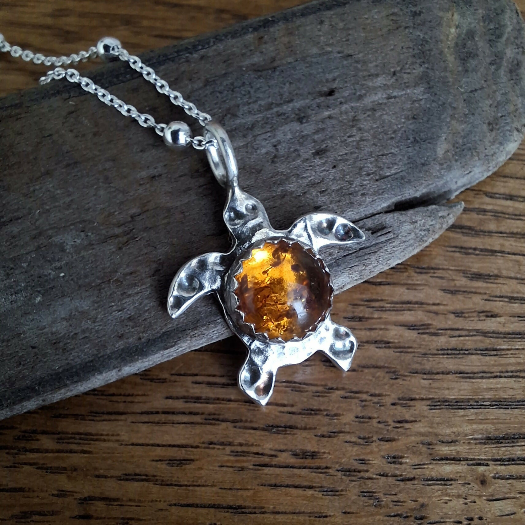Handmade Sea Turtle Necklace With Amber
