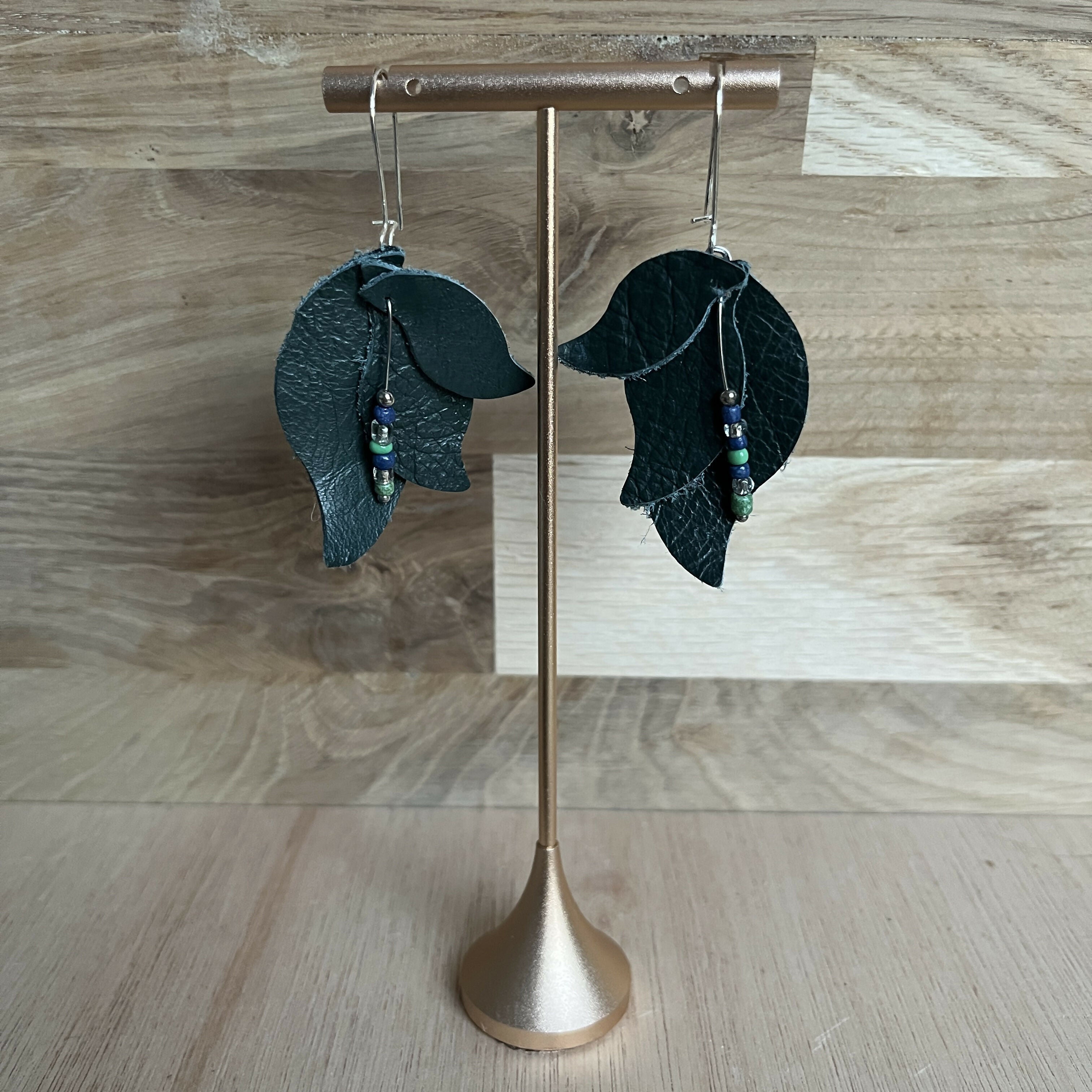 Forest Whisper Leather Earrings – Emerald Leaves