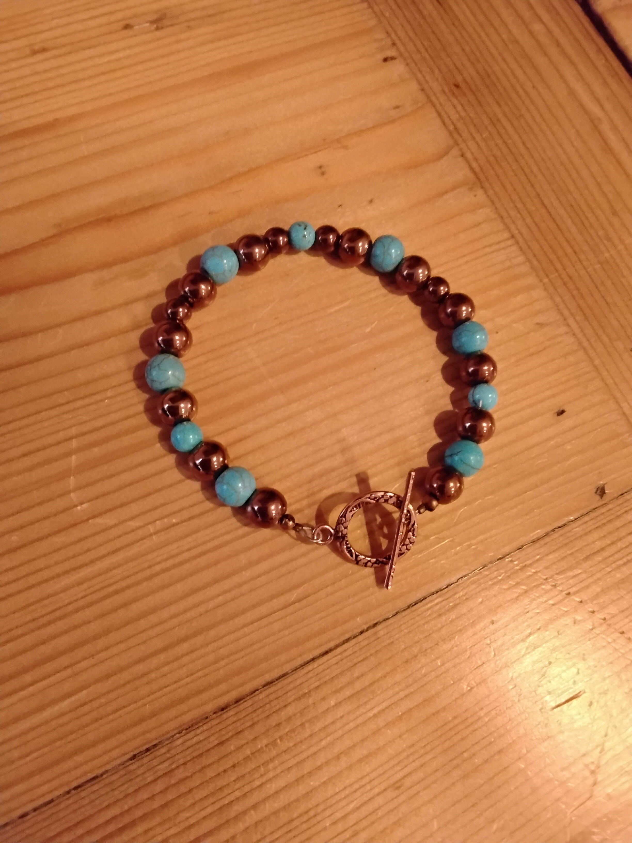 Pure Copper Toggle Catch Bracelet with Copper Hematite, and Turquoise.