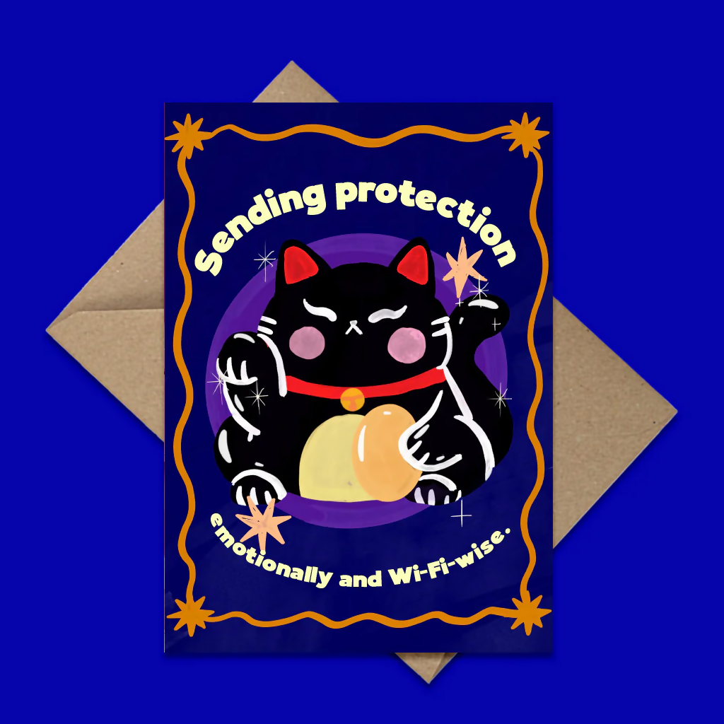 'Sending Protection emotionally and Wi-Fi-Wise" Black lucky Cat Greeting Card
