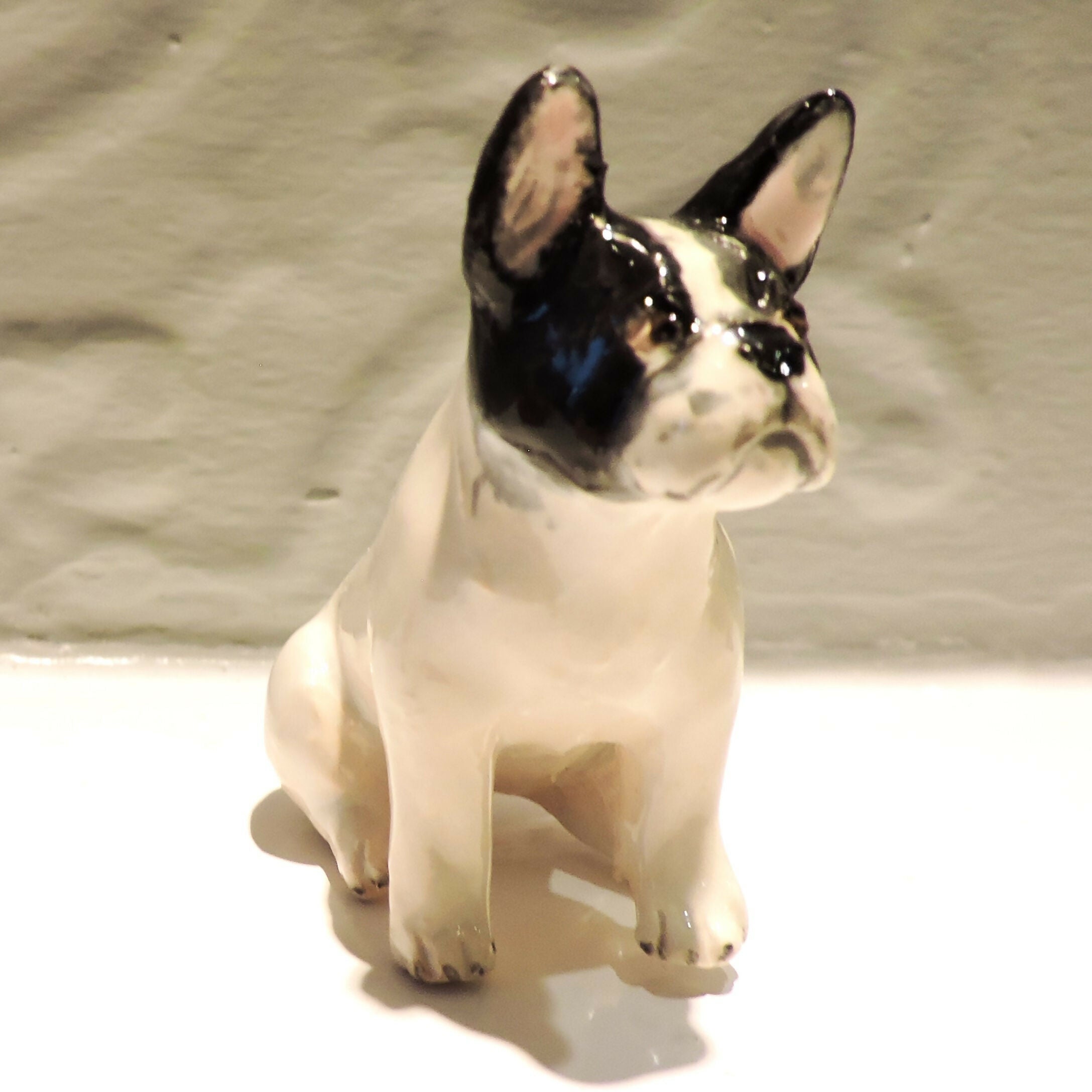 Ceramic White and Black French Bulldog Sculpture