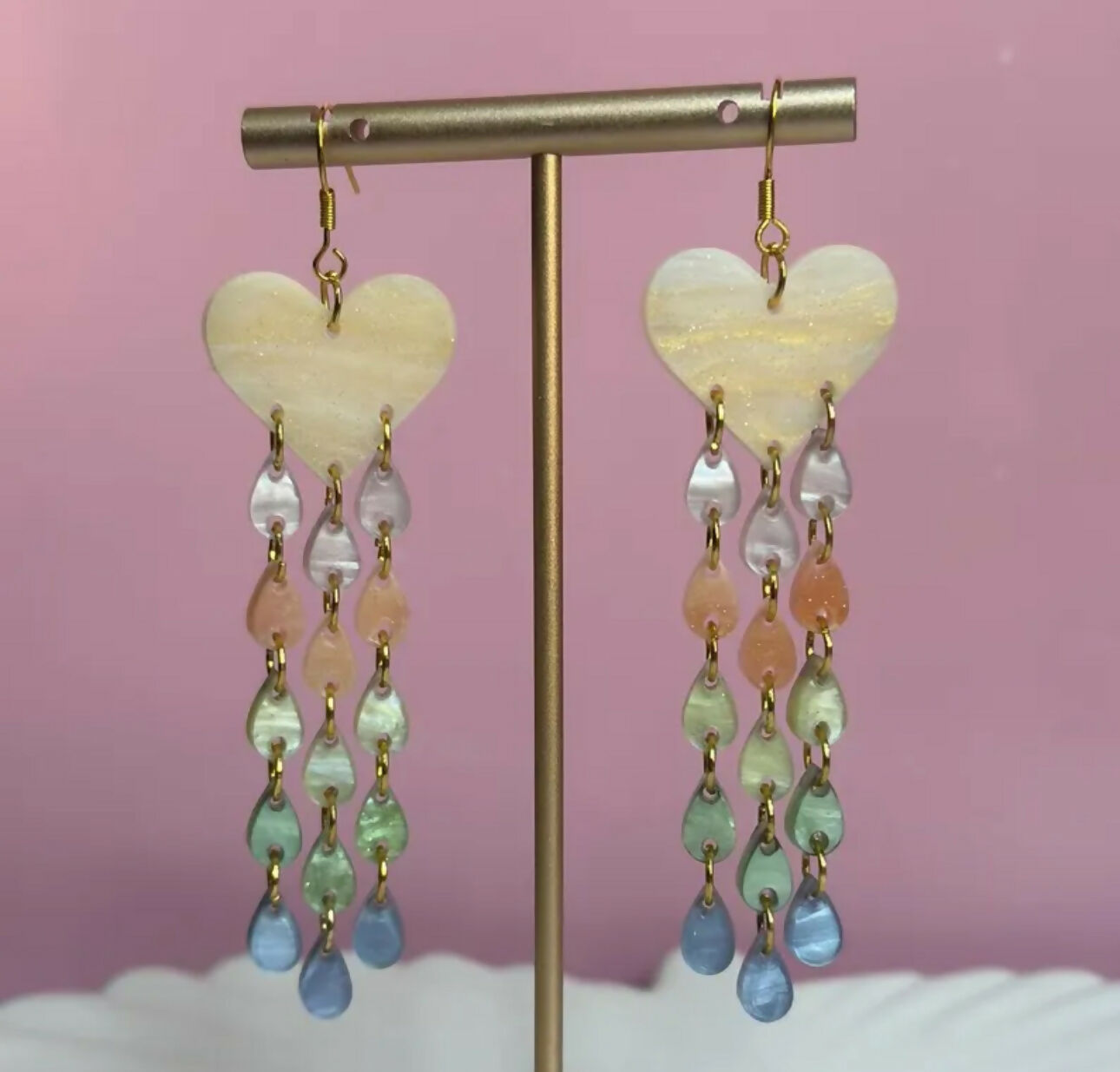 Dangly, Pastel Heart Rainbow Drop Earrings