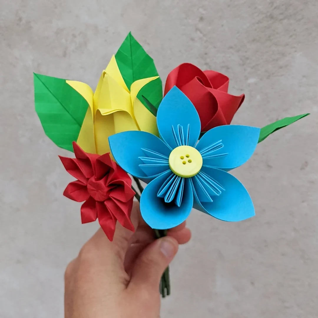 Origami Paper Flower Posy With Leaves