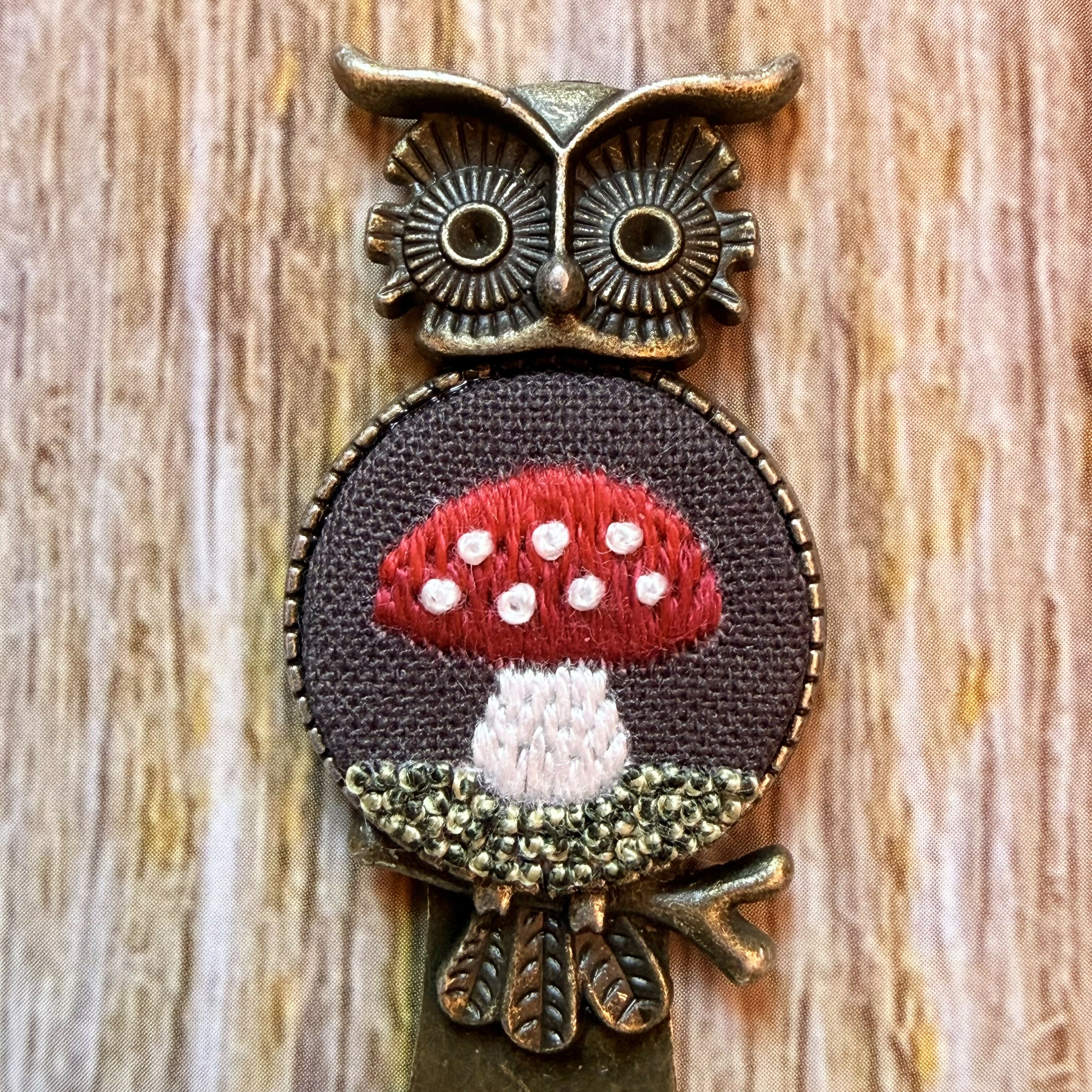 Bronze Owl Hand Embroidered Mushroom Bookmark