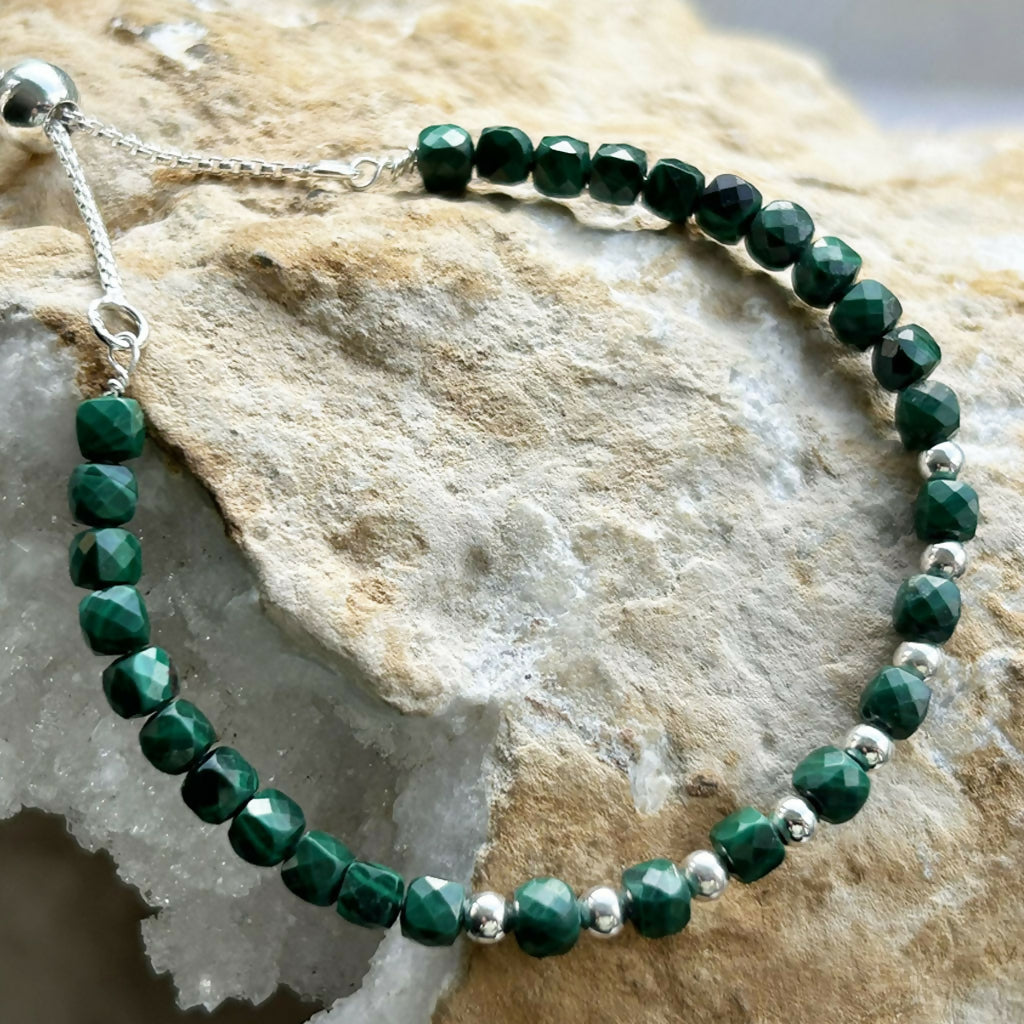 Handmade Sterling Silver Malachite Beaded Bracelet