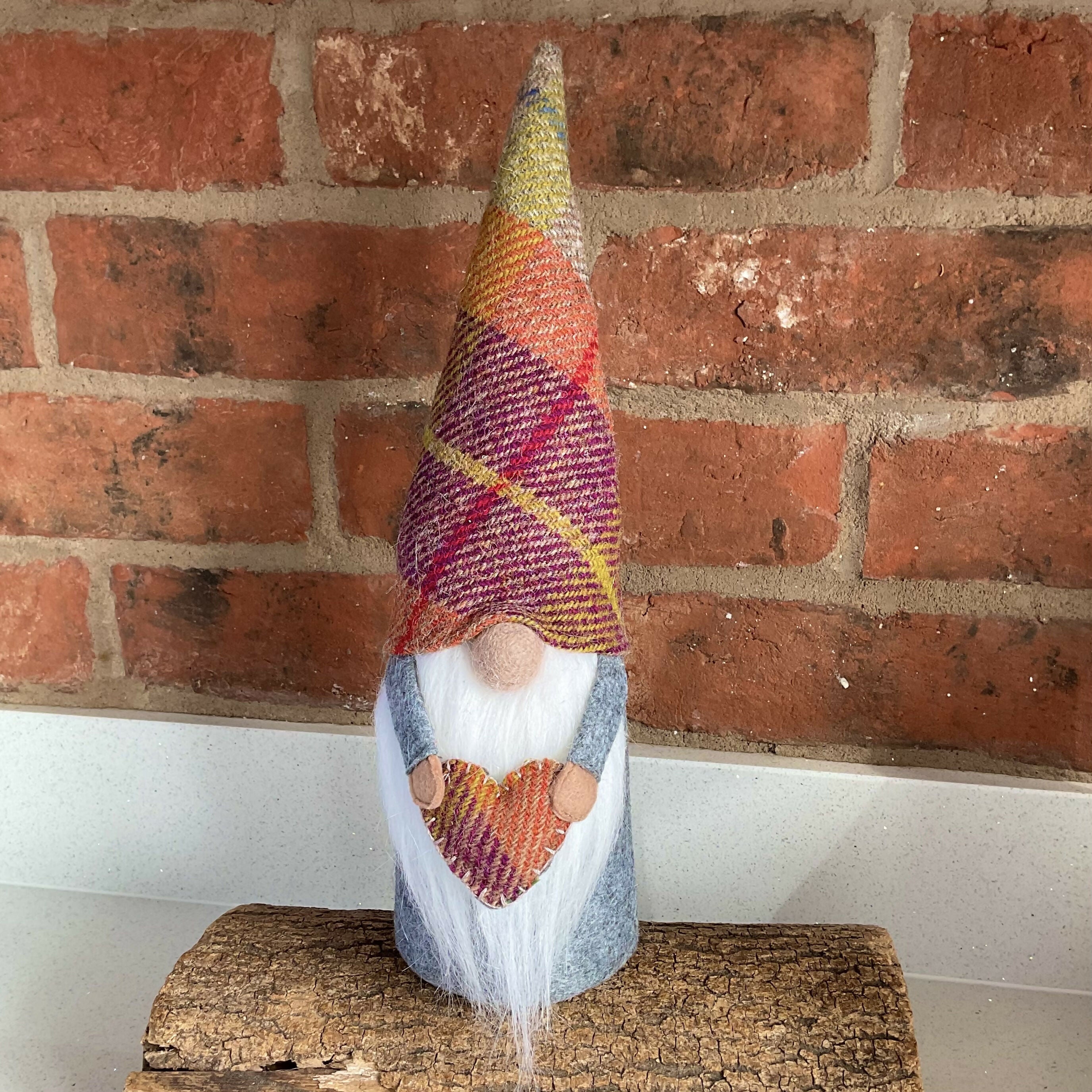 Handmade Harris Tweed Gnome Decoration, Autumn and Halloween Gonk Ornament with Purple and Orange Wool Hat