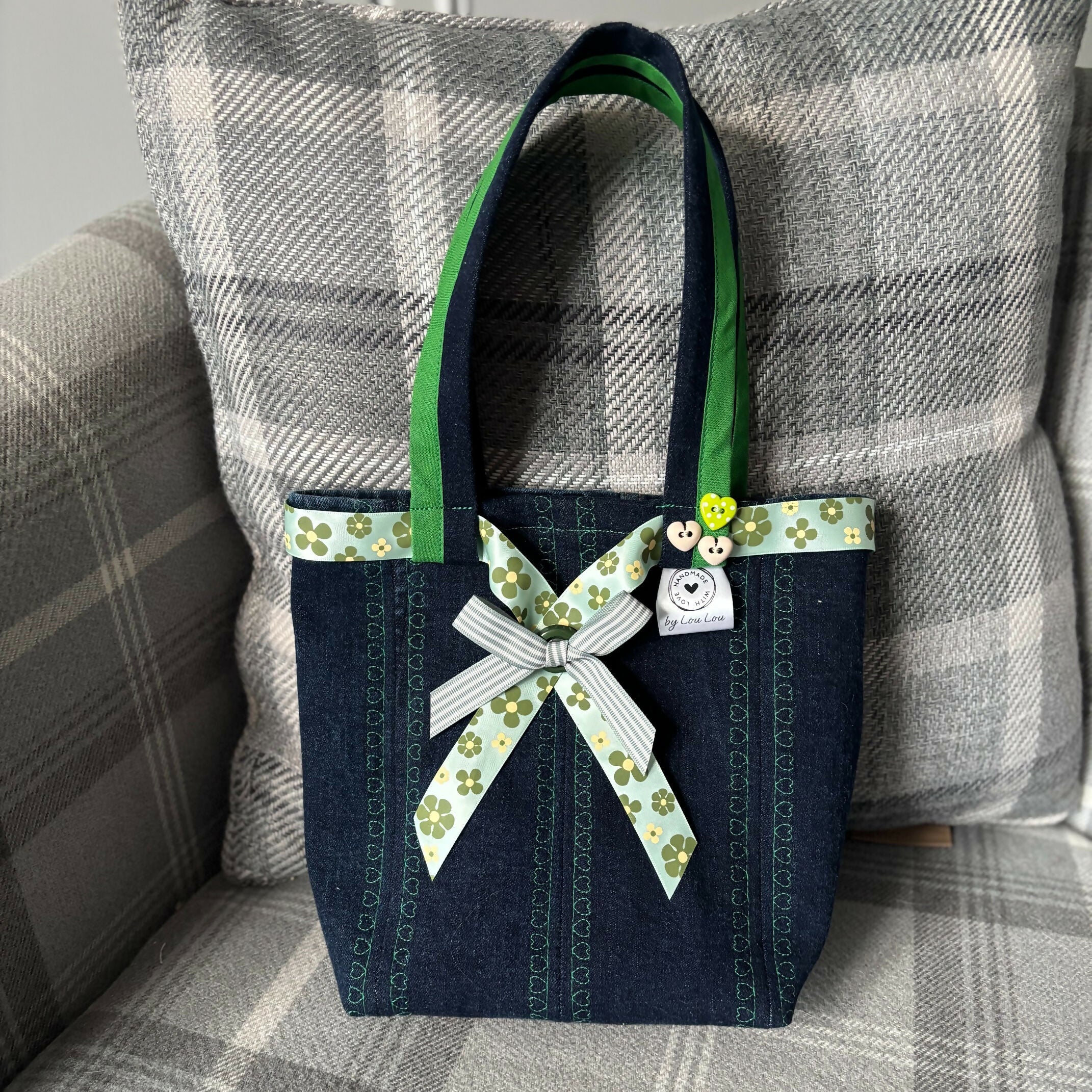 Unique Handcrafted Cute Denim Tote Bag Handbag Made From Upcycled Jeans With Flower Decoration