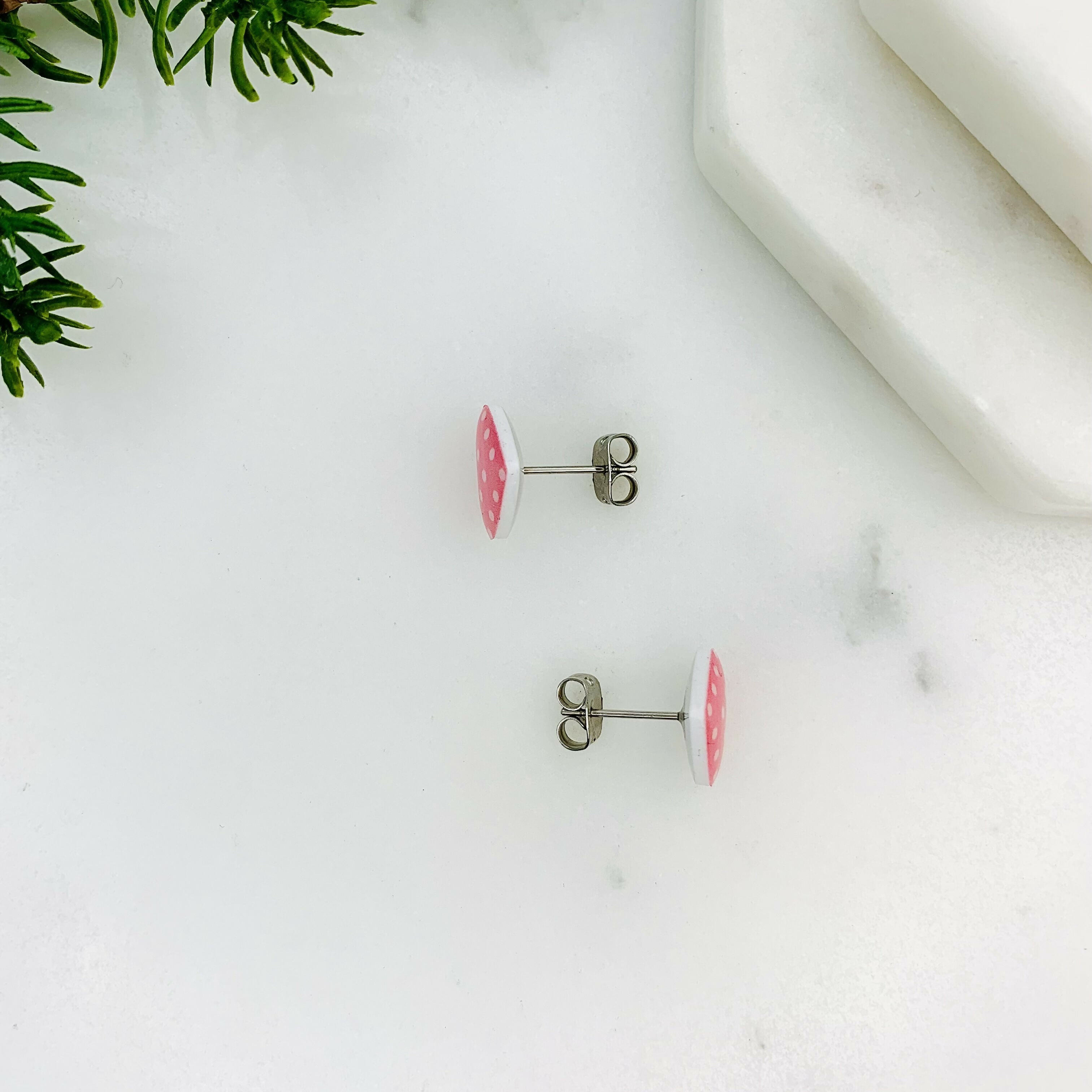 Pink Polka Dot Heart Stud Earrings