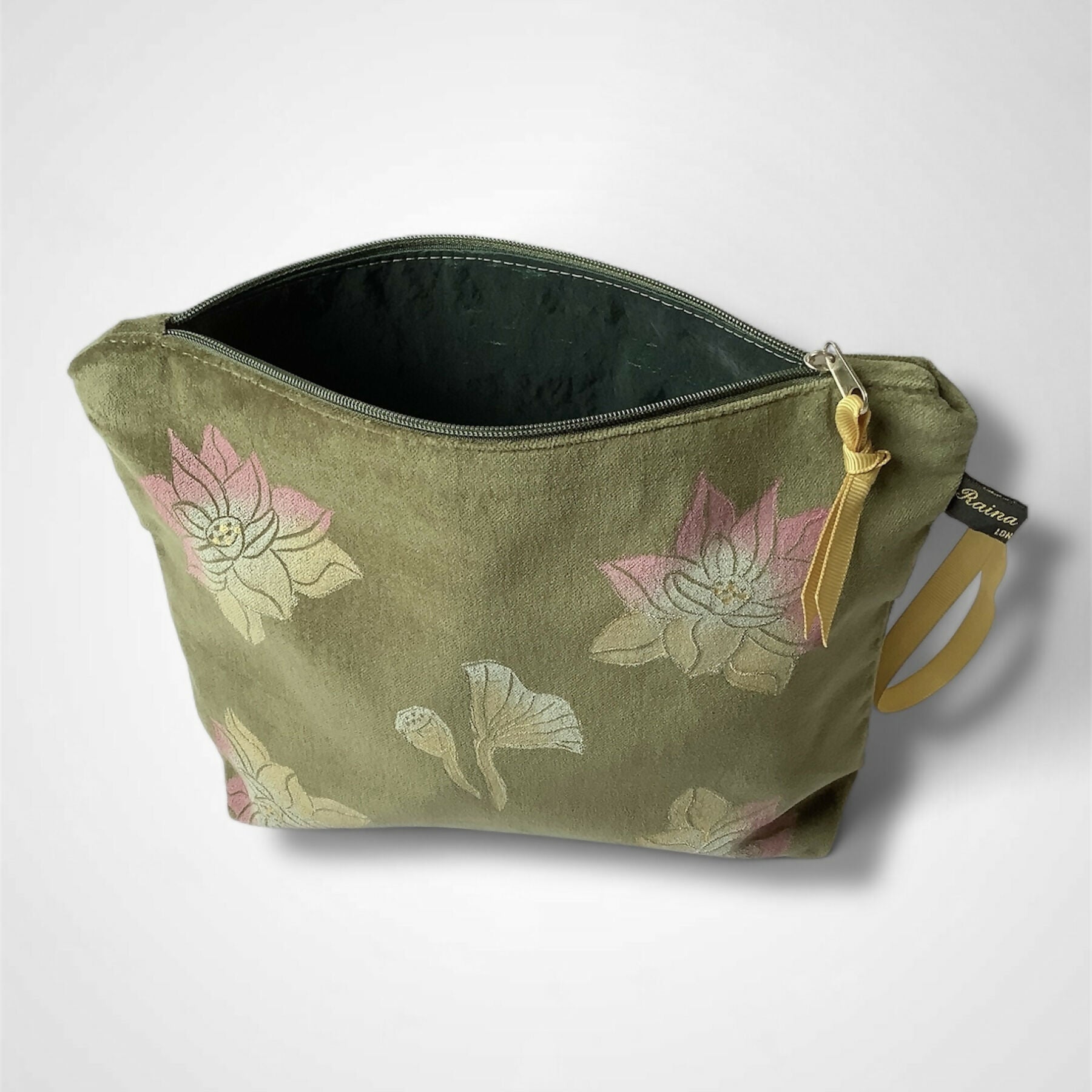 Lotus Flower Olive Green Velvet Makeup Bag