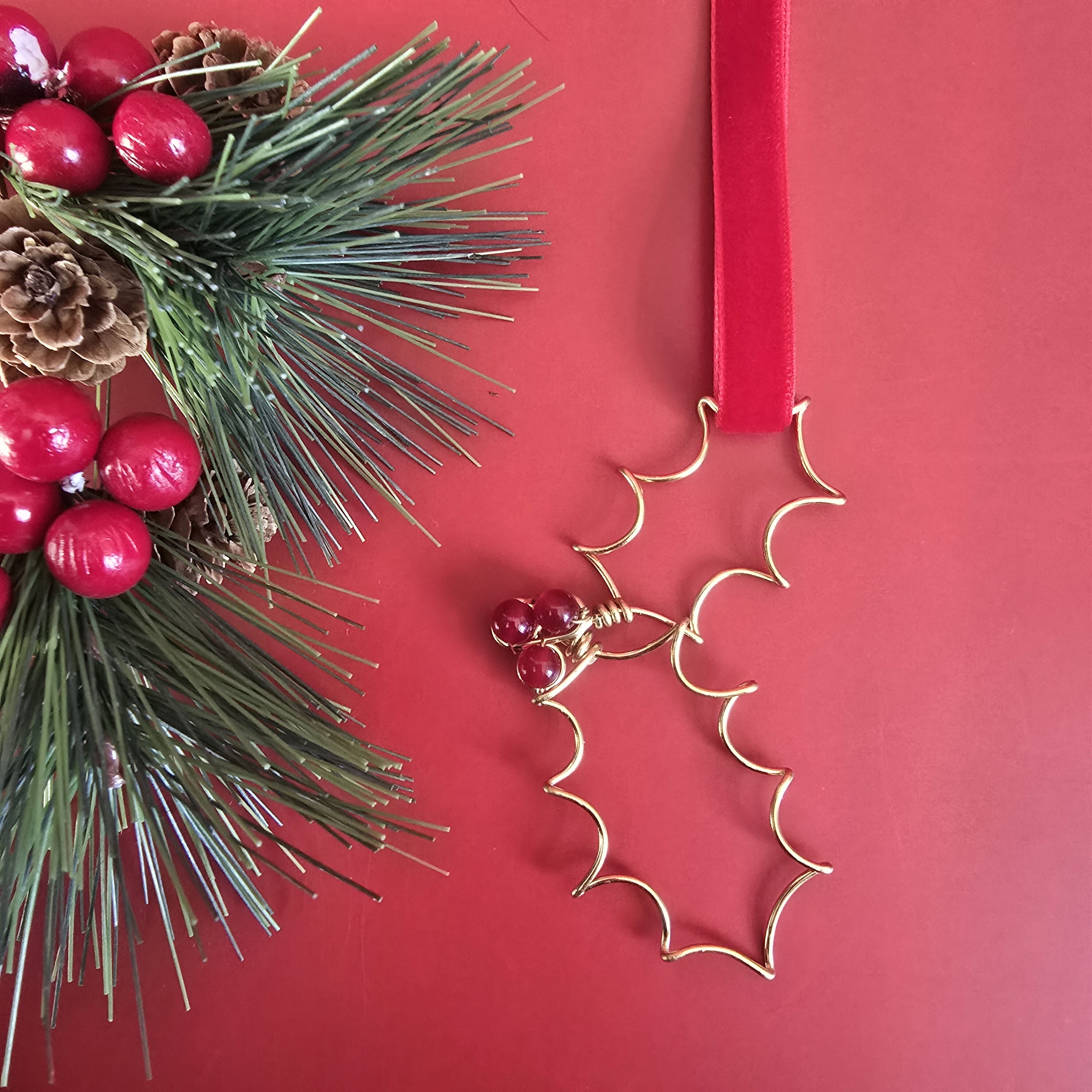 Christmas Holly Brass Wire Tree Hanging Decor With Rubellite Crystal