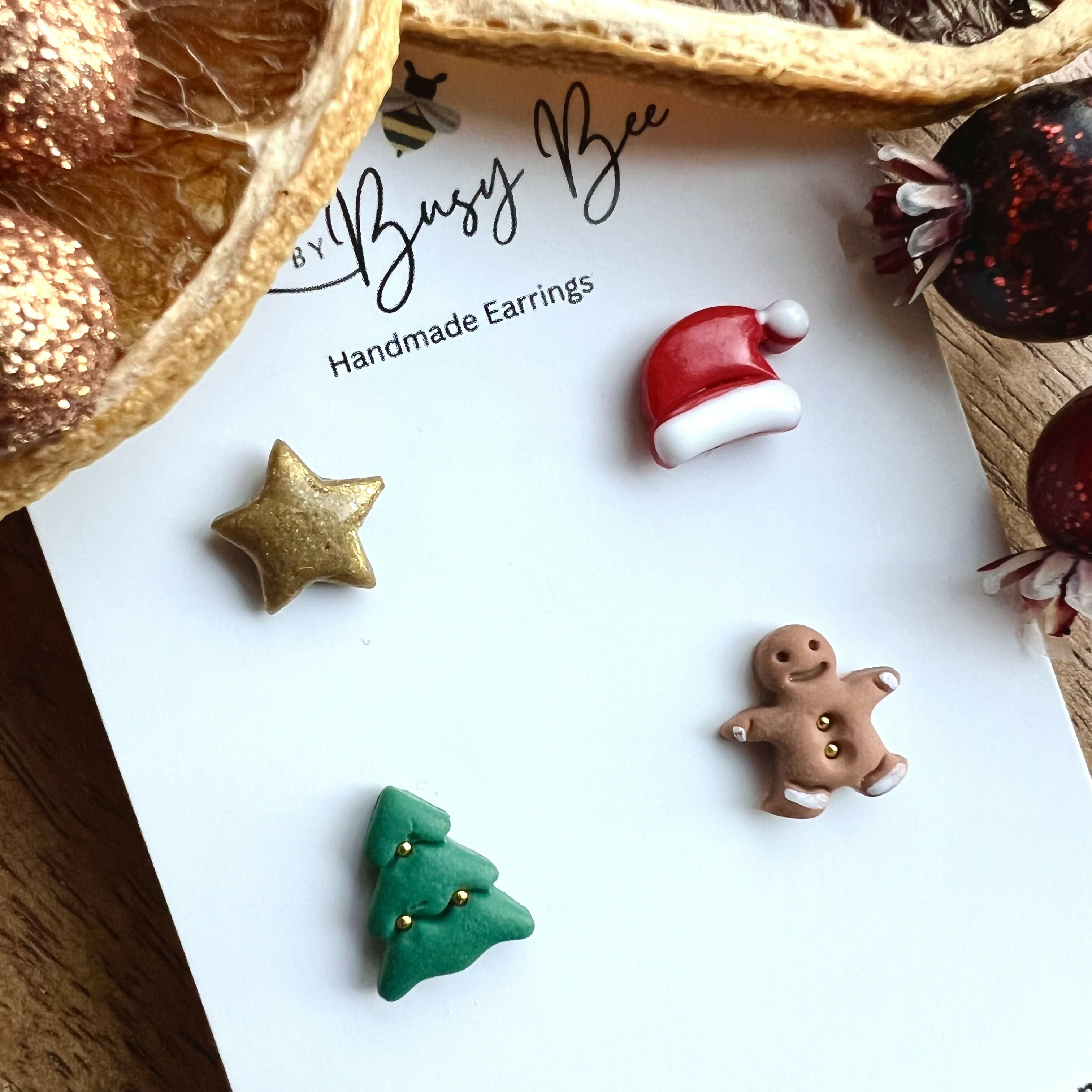 Handmade Christmas Stud Earrings / Set of 2 pairs of Studs / Handmade Polymer Clay Jewellery