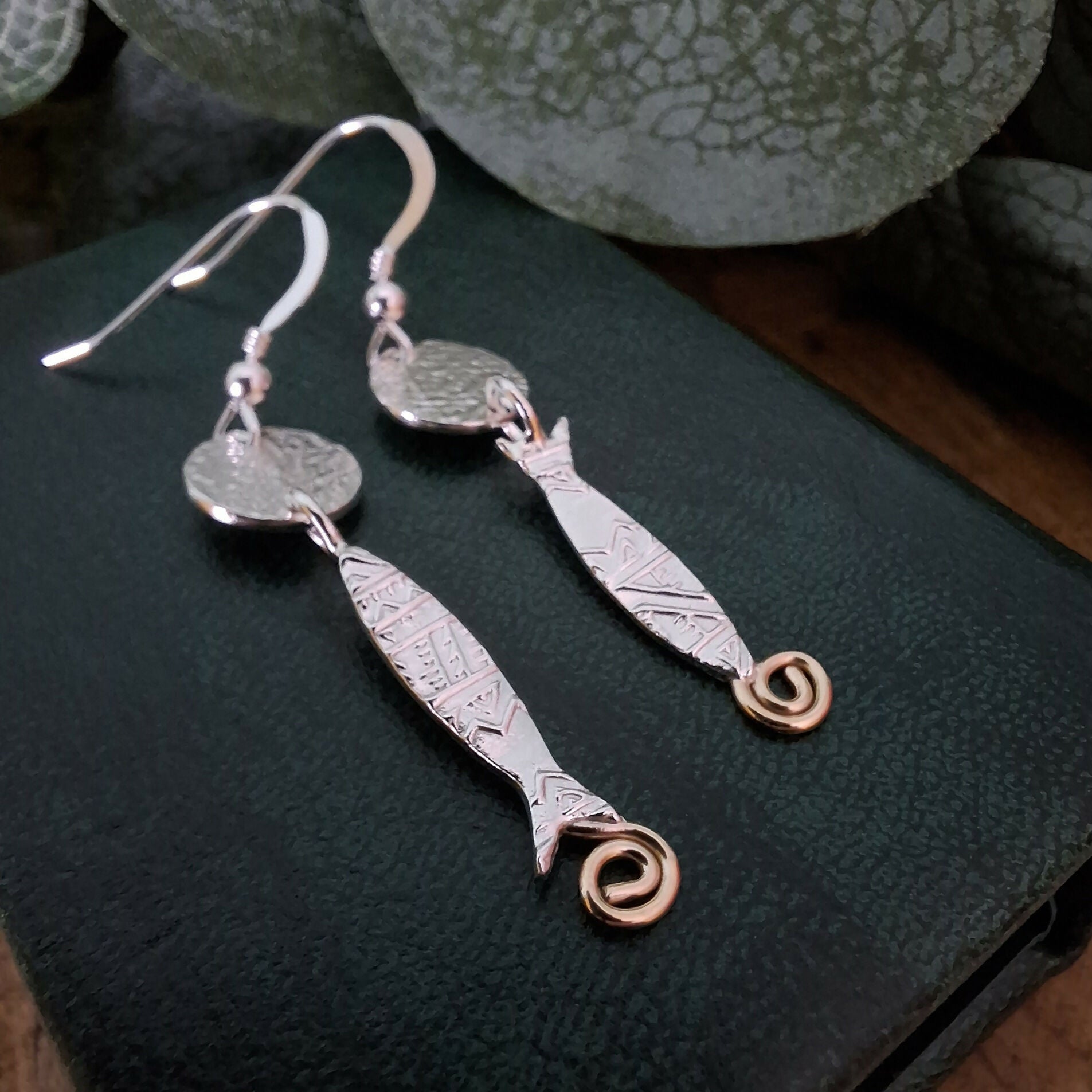Handmade Silver Fish Earrings With Gold Accents