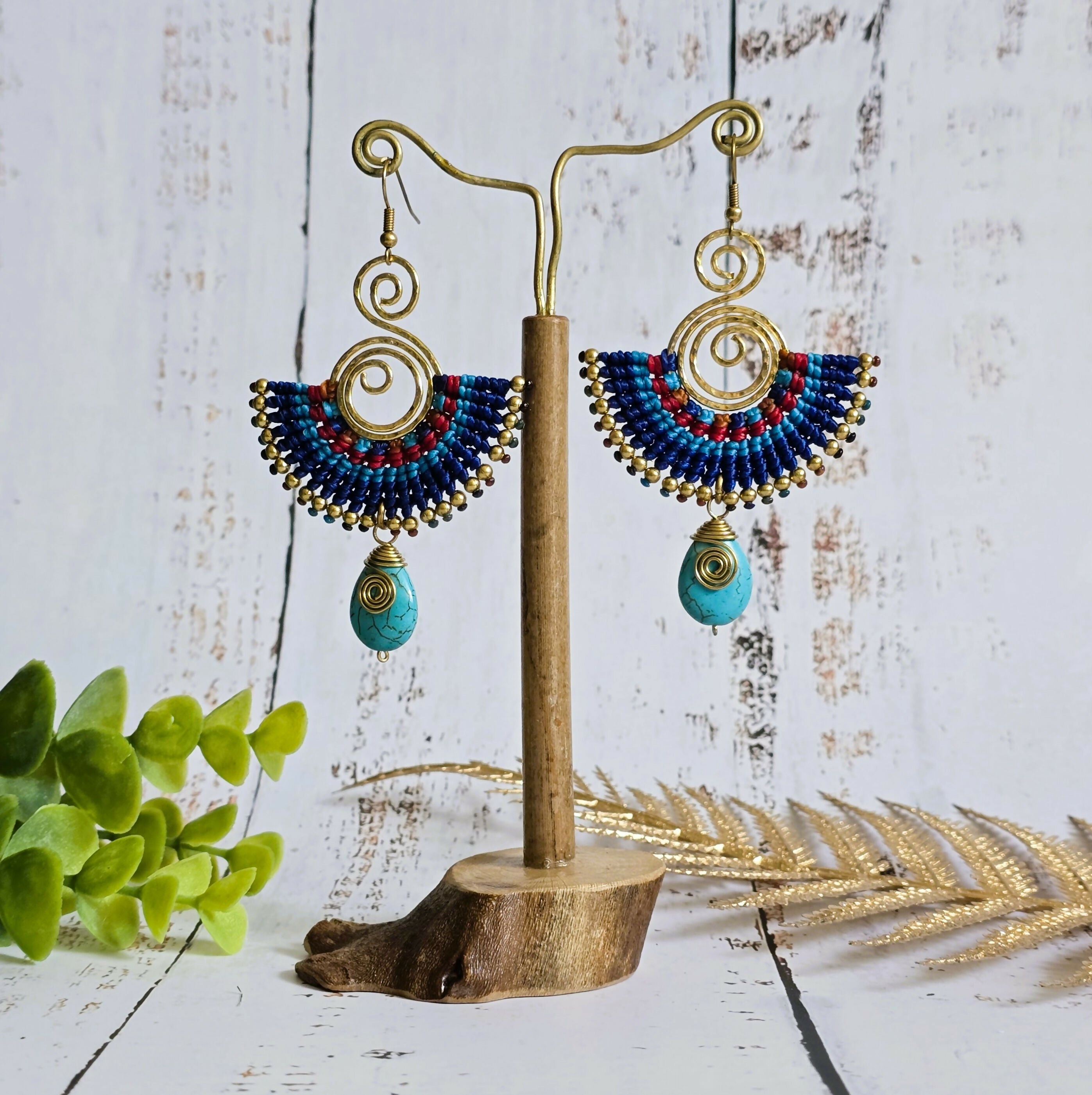 Turquoise Crystal Macramé Earrings; Blue Boho Earrings With Gold Spiral Wire Art