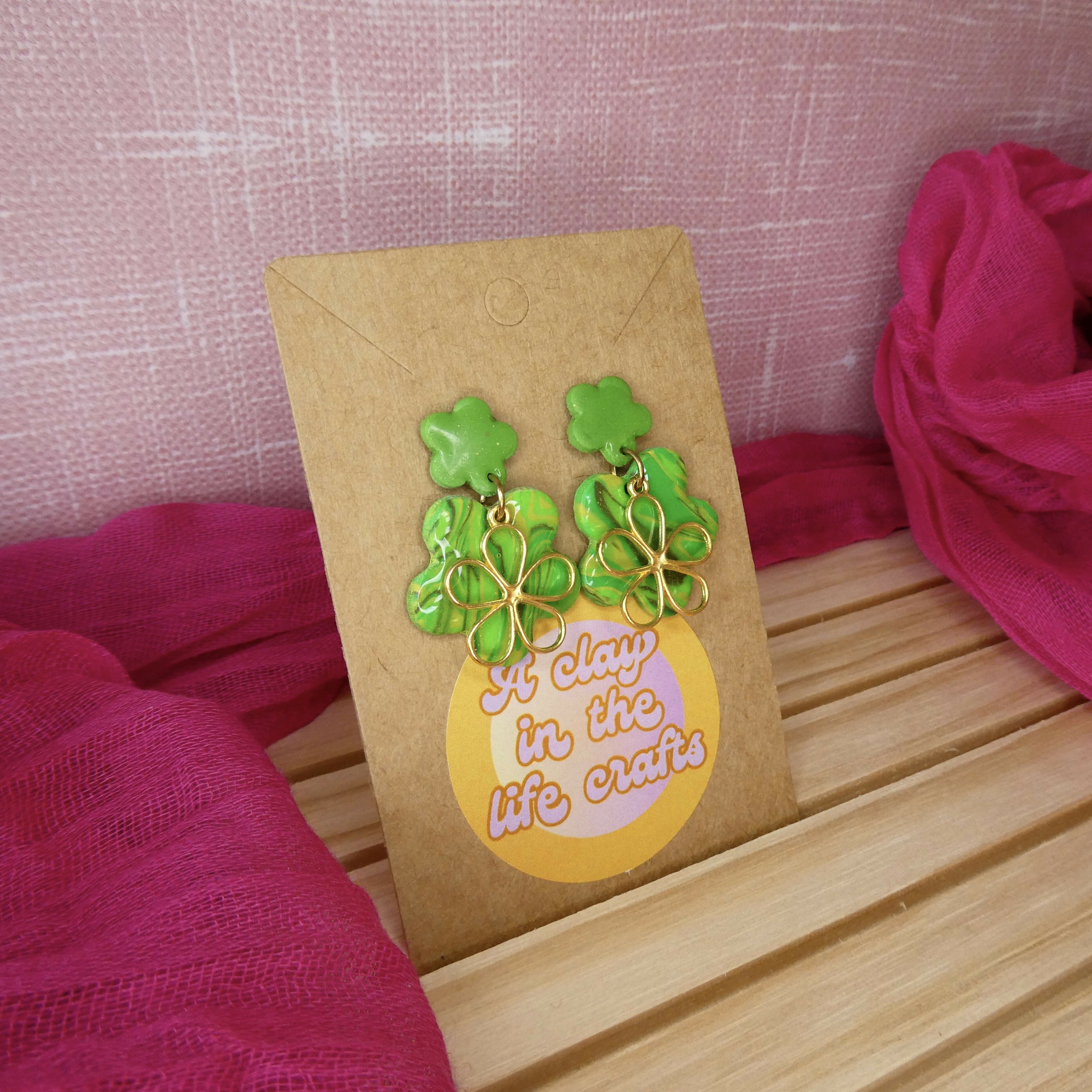 Swirly Green Flower Polymer Clay Earrings With Gold Flower